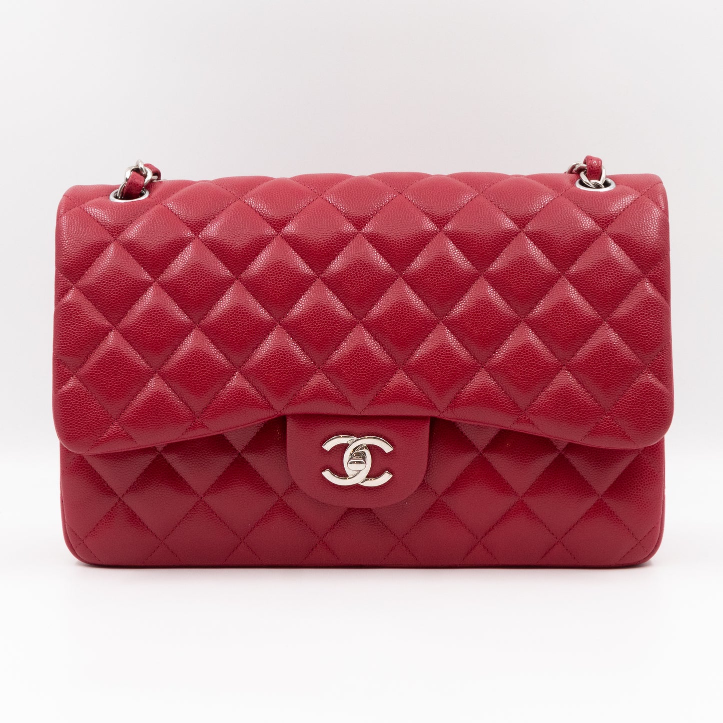 Classic Double Flap Jumbo Red Caviar Leather