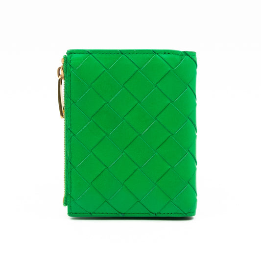 Small Bi-Fold Wallet Parakeet Green Intrecciato Leather