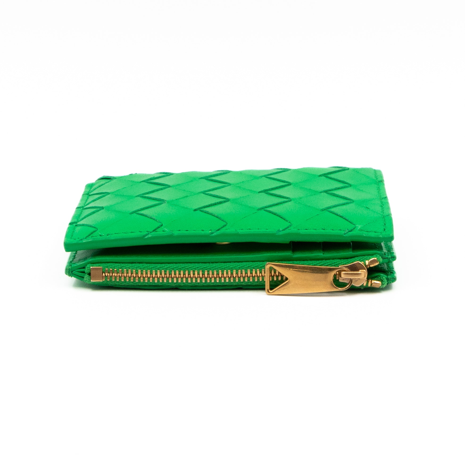 Small Bi-Fold Wallet Parakeet Green Intrecciato Leather