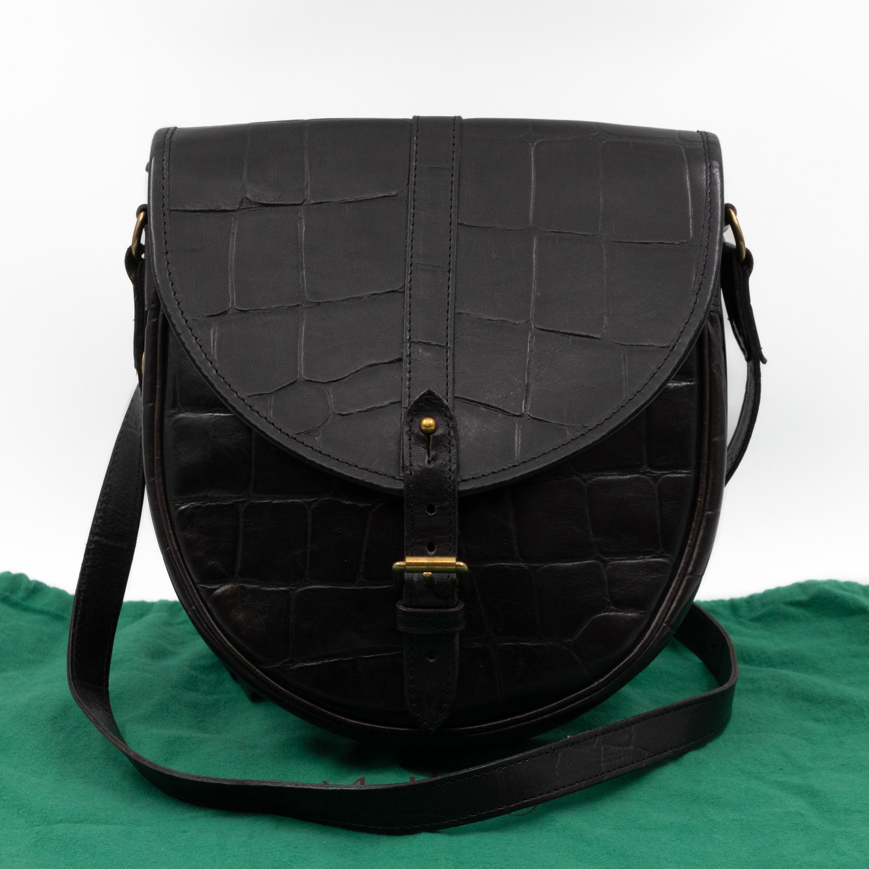 Vintage Crossbody Bag Black Croc Embossed Leather
