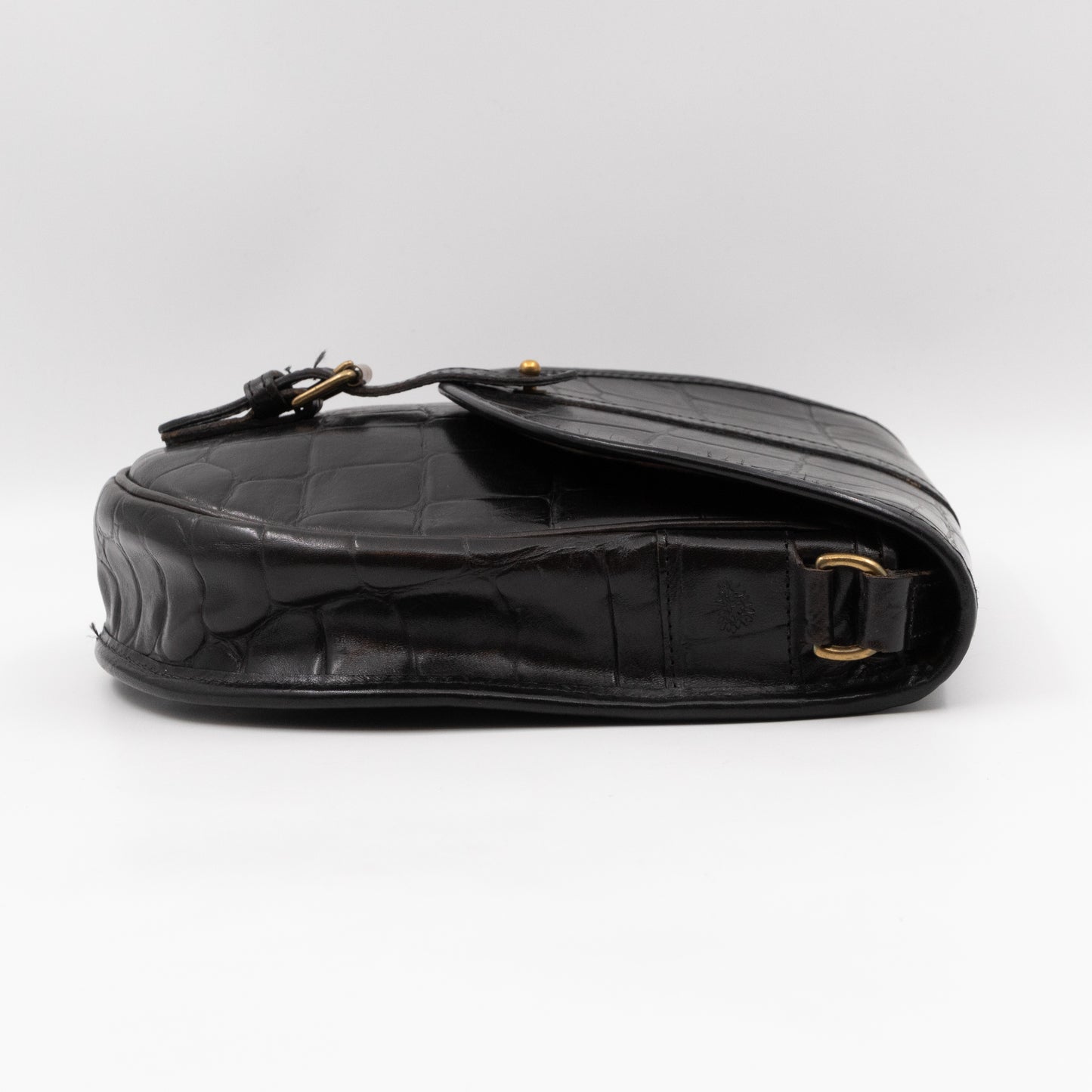 Vintage Crossbody Bag Black Croc Embossed Leather