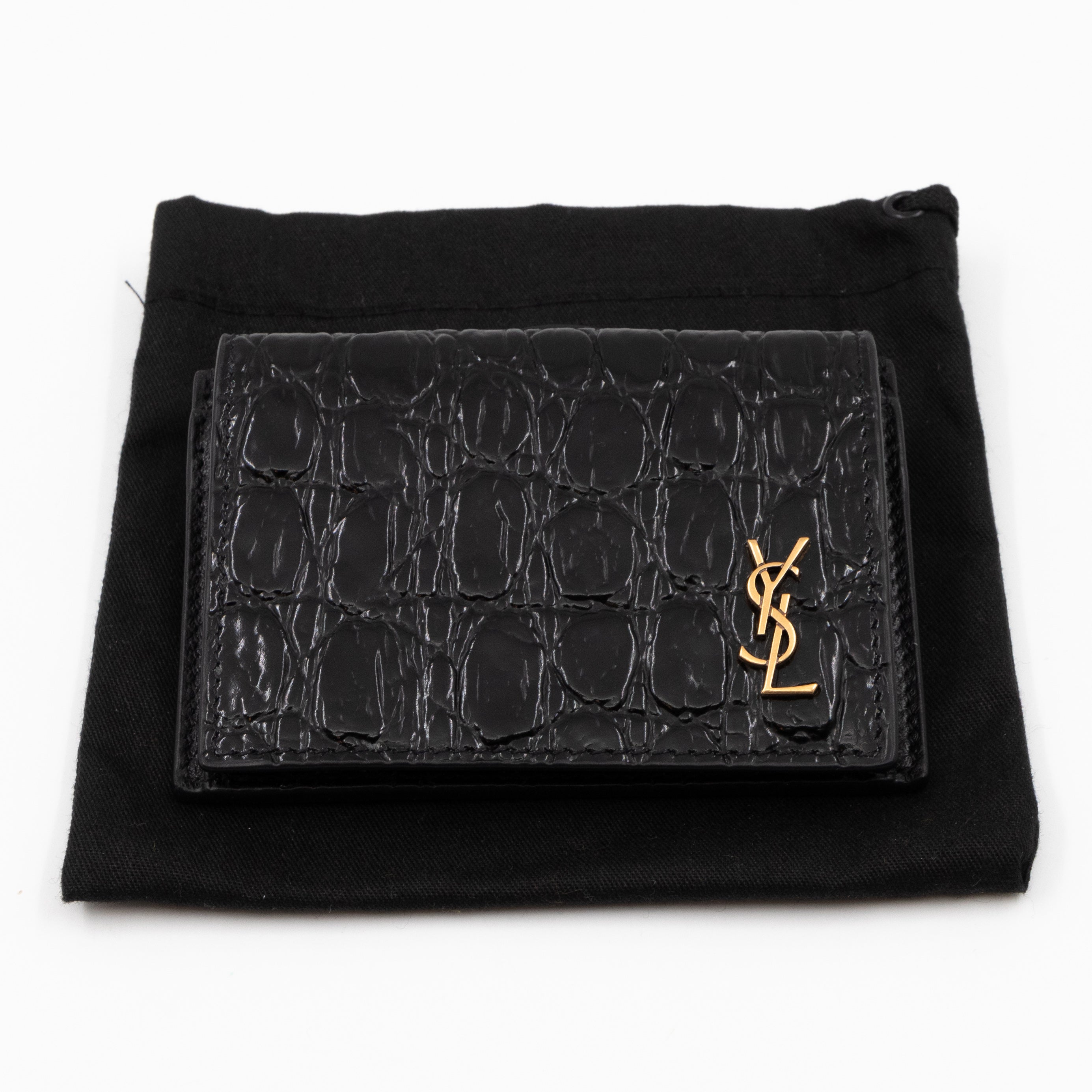 Uptown Flap Card Holder Black Croc Embossed Leather