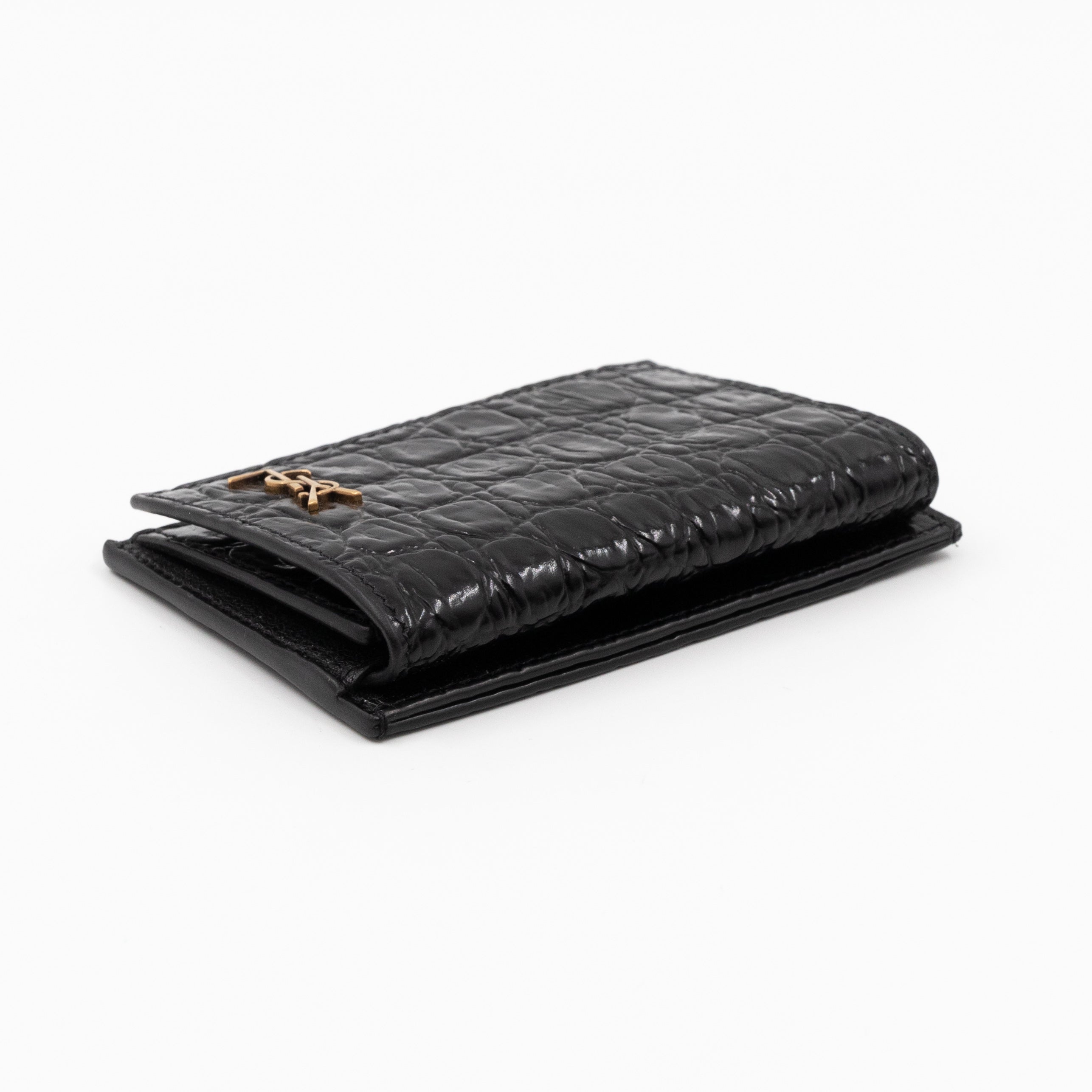 Uptown Flap Card Holder Black Croc Embossed Leather