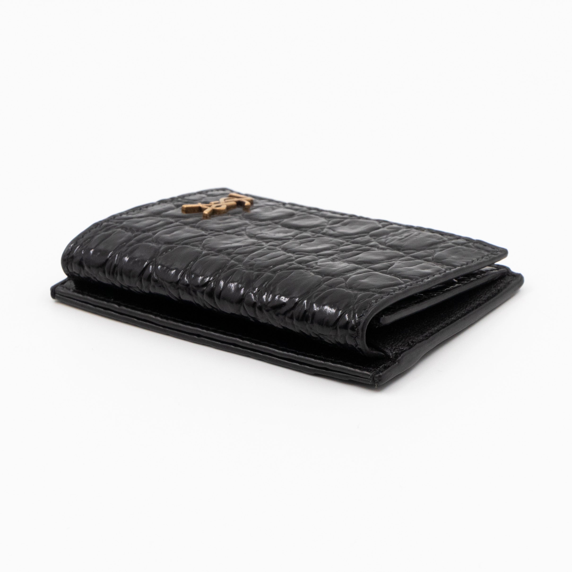 Uptown Flap Card Holder Black Croc Embossed Leather
