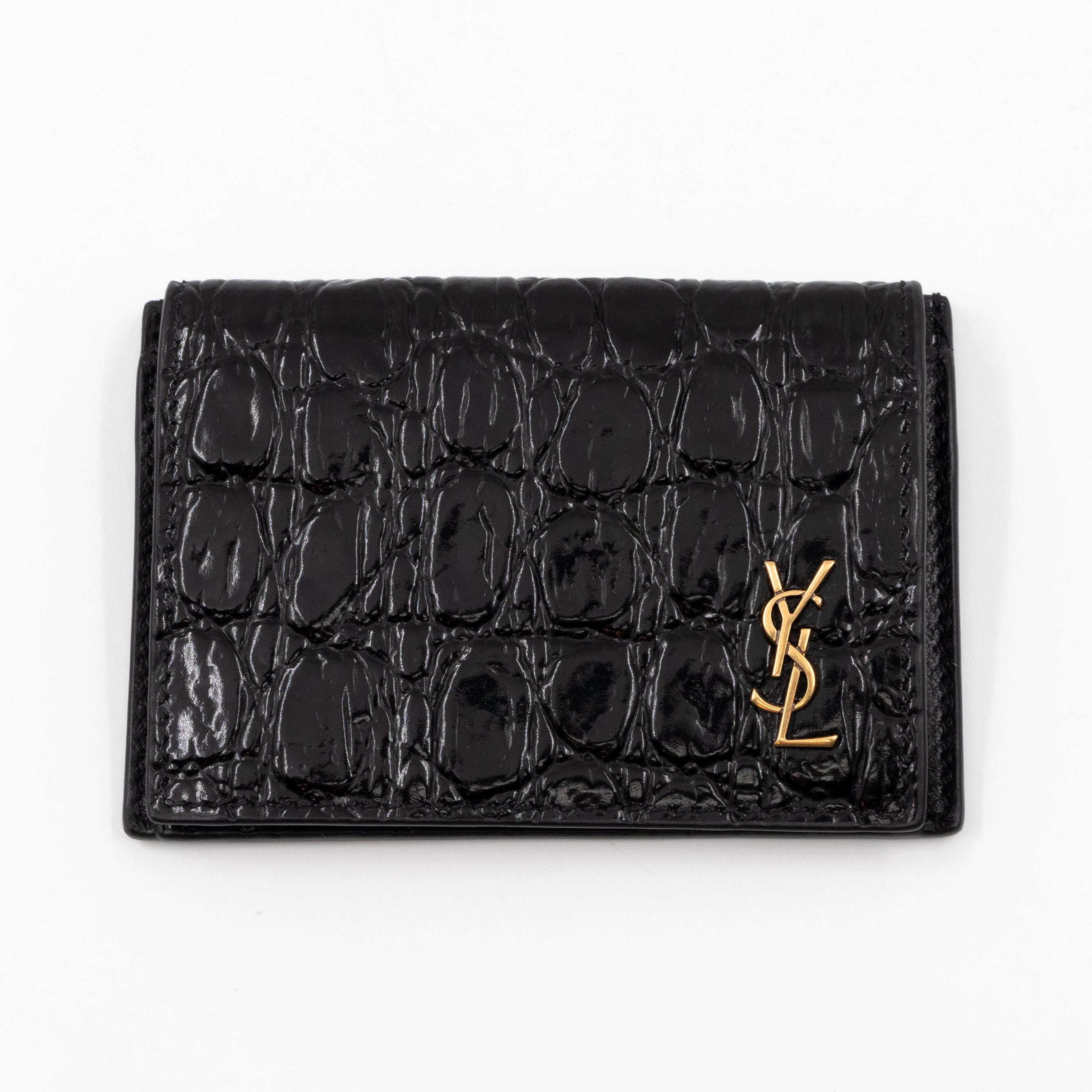 Uptown Flap Card Holder Black Croc Embossed Leather