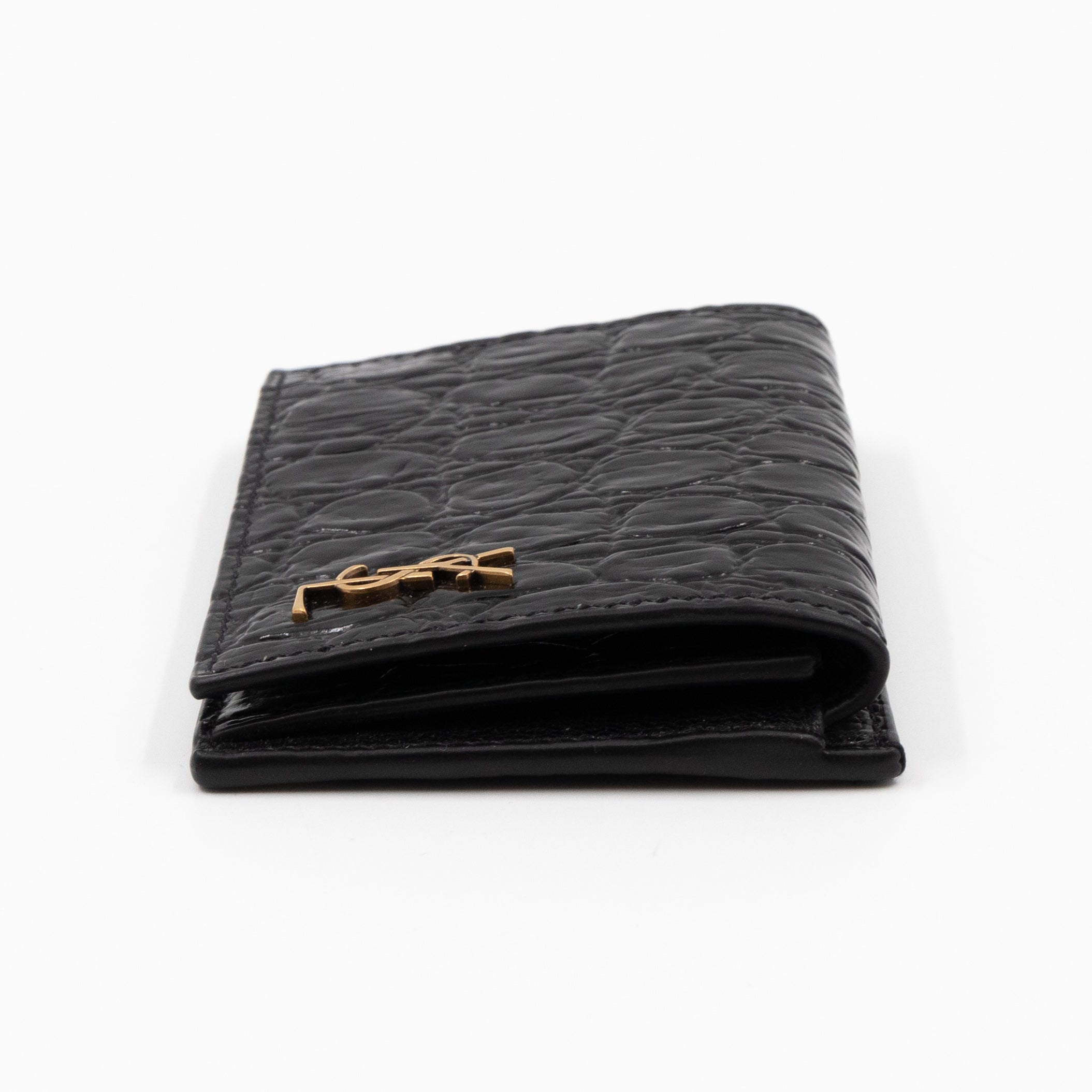 Uptown Flap Card Holder Black Croc Embossed Leather