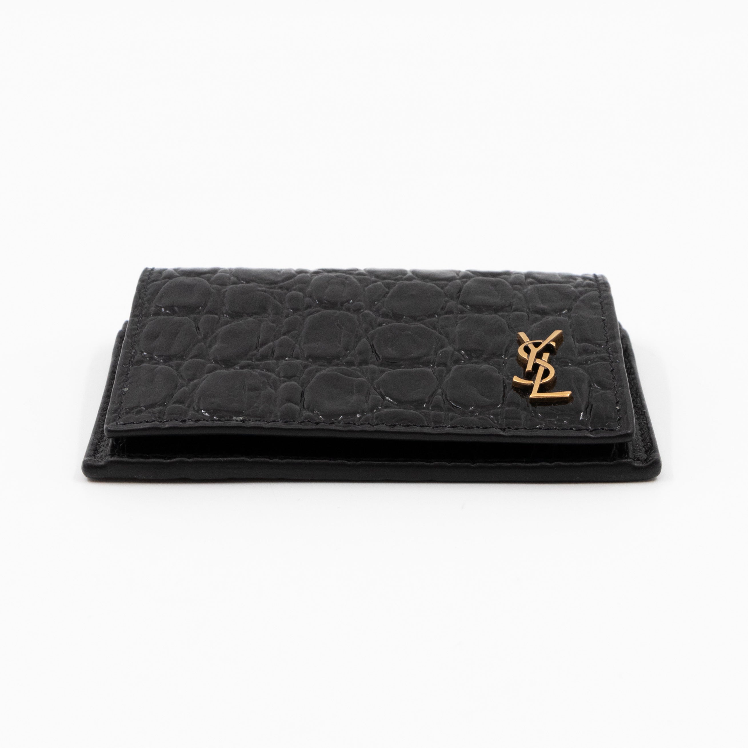 Uptown Flap Card Holder Black Croc Embossed Leather