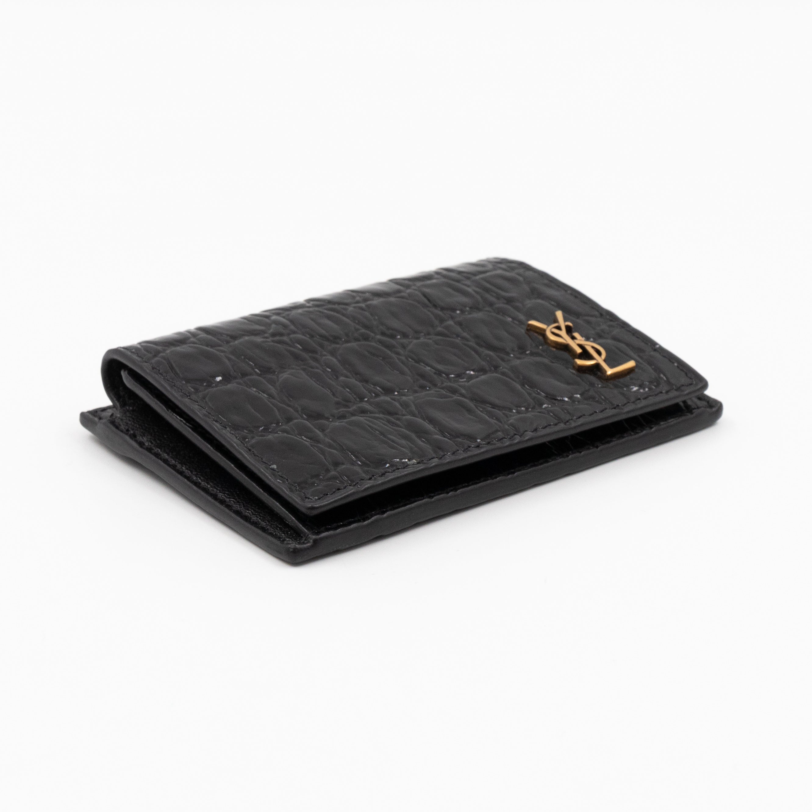 Uptown Flap Card Holder Black Croc Embossed Leather