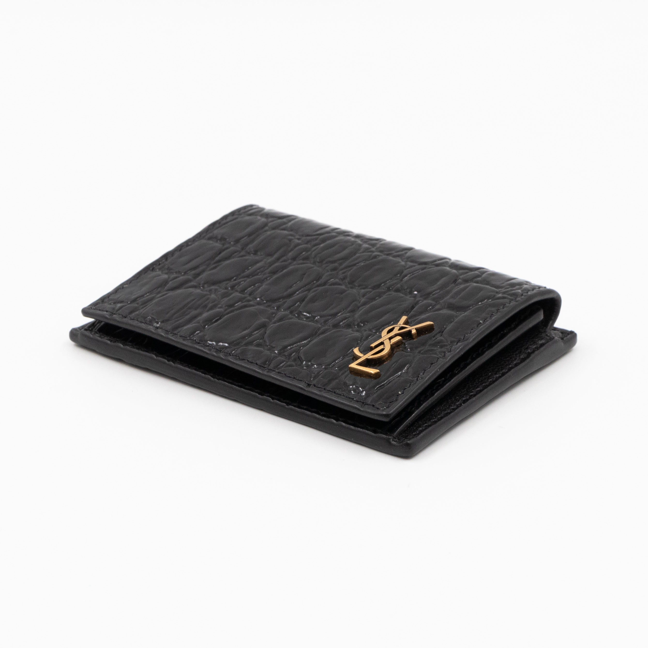 Monogram card case online in crocodile embossed leather