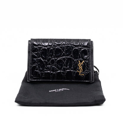 Uptown Flap Card Holder Black Croc Embossed Leather