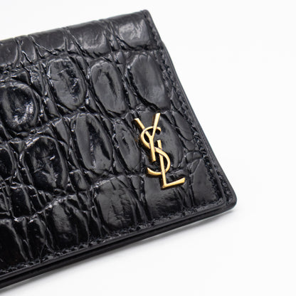 Uptown Flap Card Holder Black Croc Embossed Leather