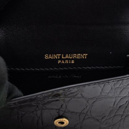 Uptown Flap Card Holder Black Croc Embossed Leather
