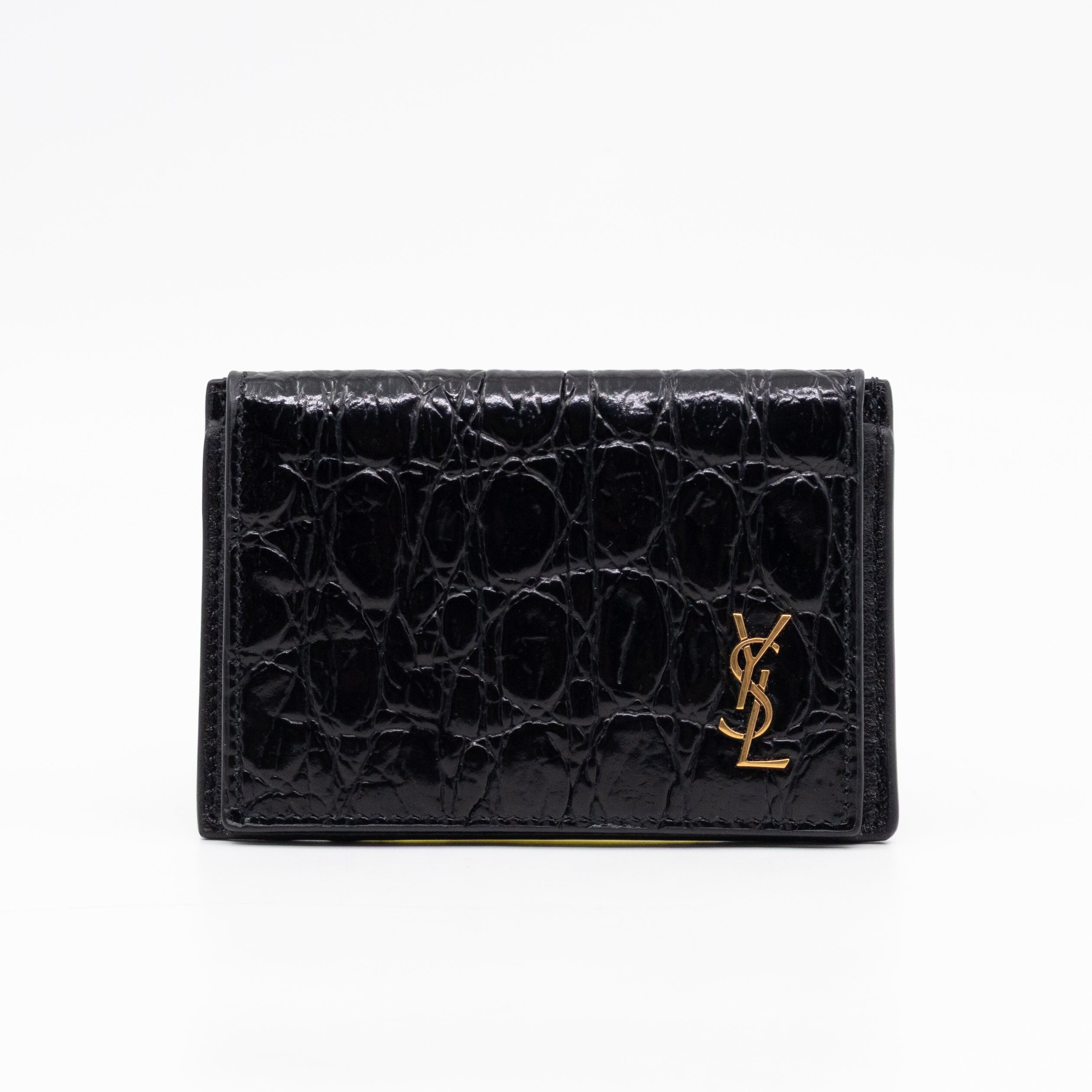 Uptown Flap Card Holder Black Croc Embossed Leather