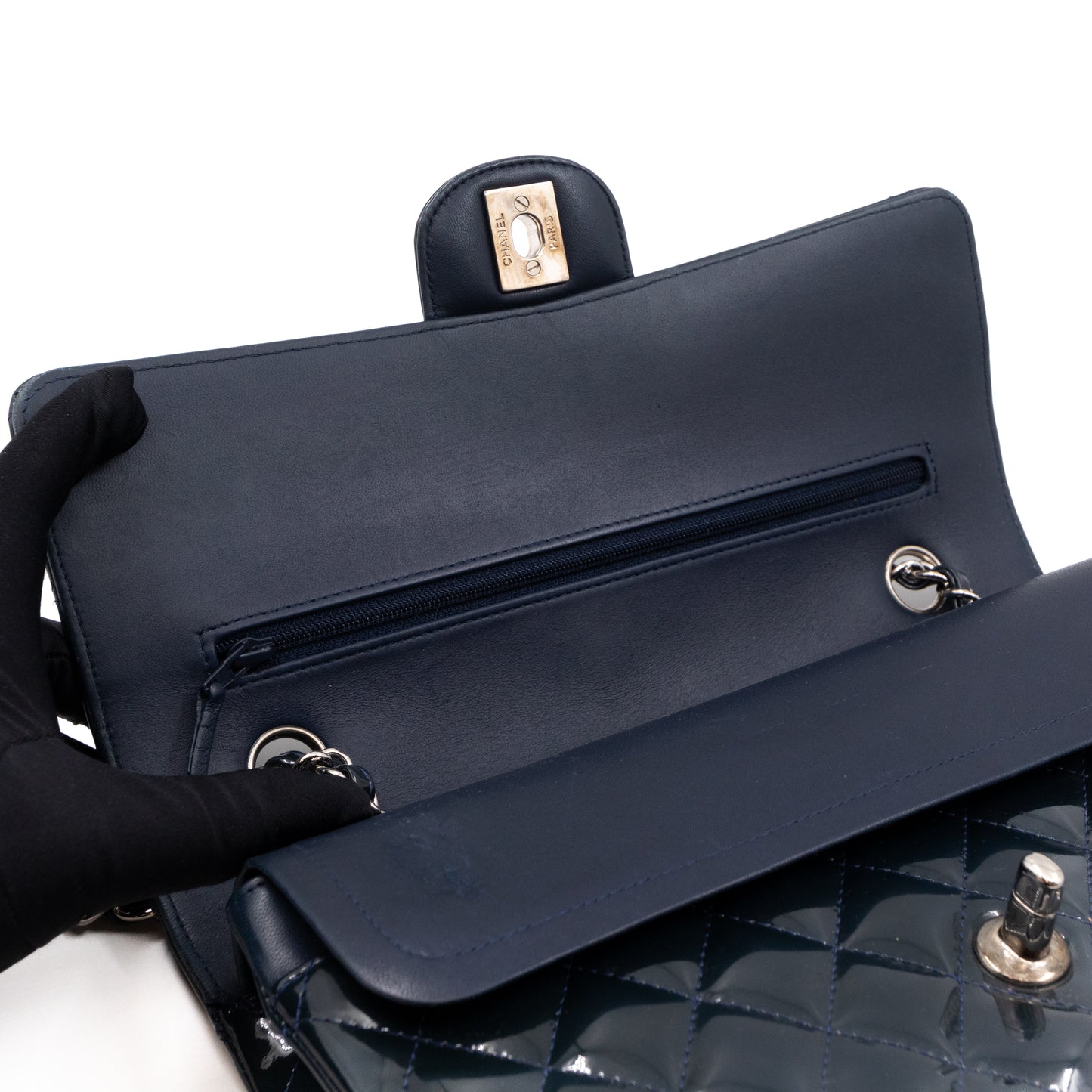 Classic Double Flap Bag Medium Navy Blue Patent Leather Silver