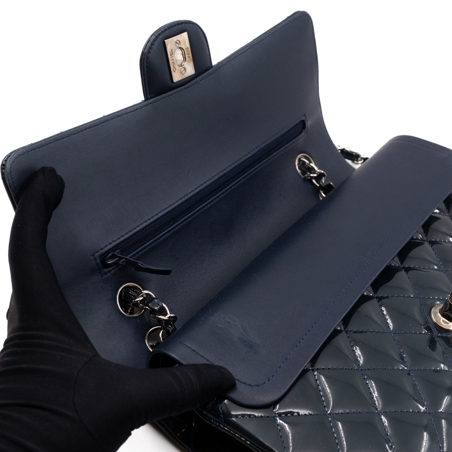 Classic Double Flap Bag Medium Navy Blue Patent Leather Silver