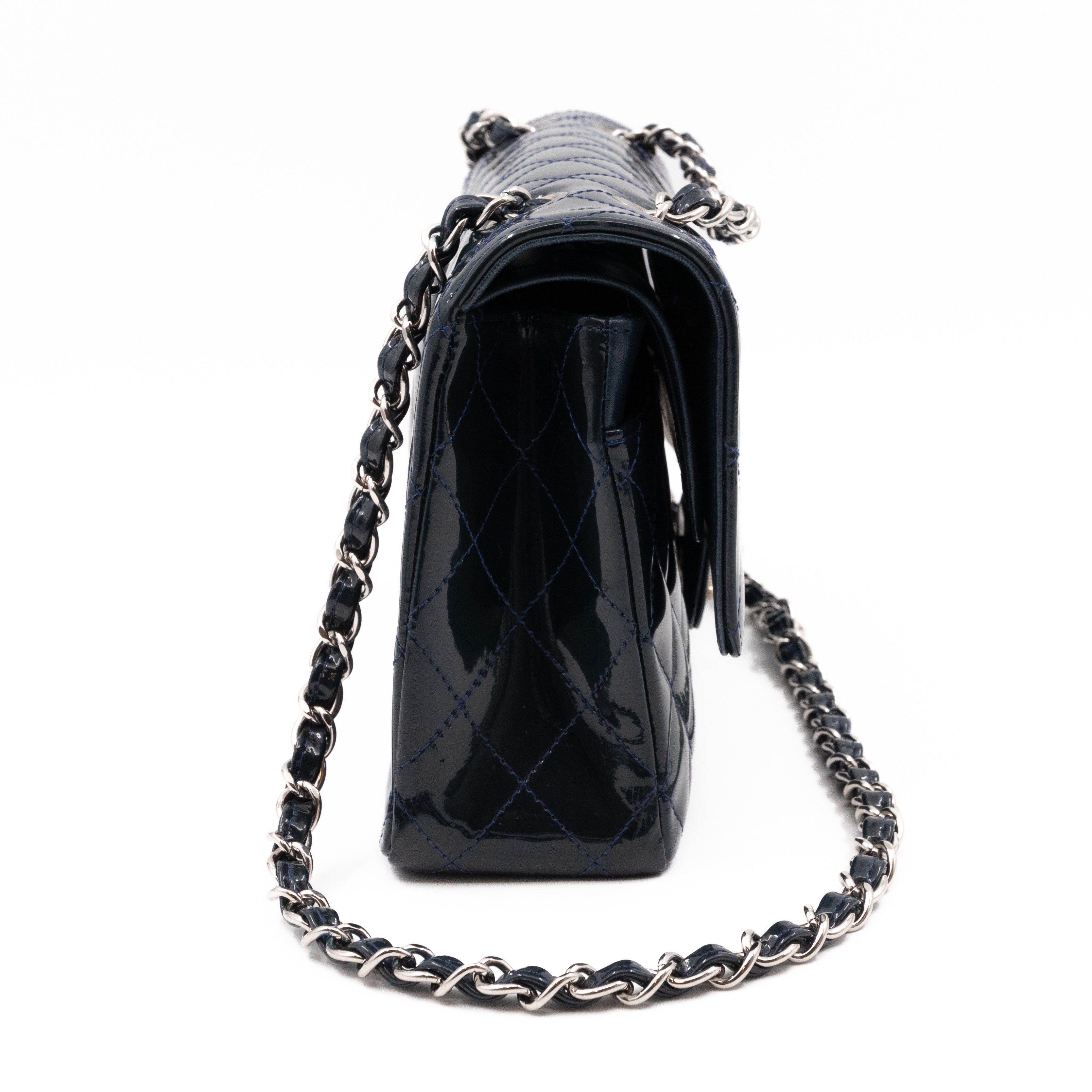 Classic Double Flap Bag Medium Navy Blue Patent Leather Silver