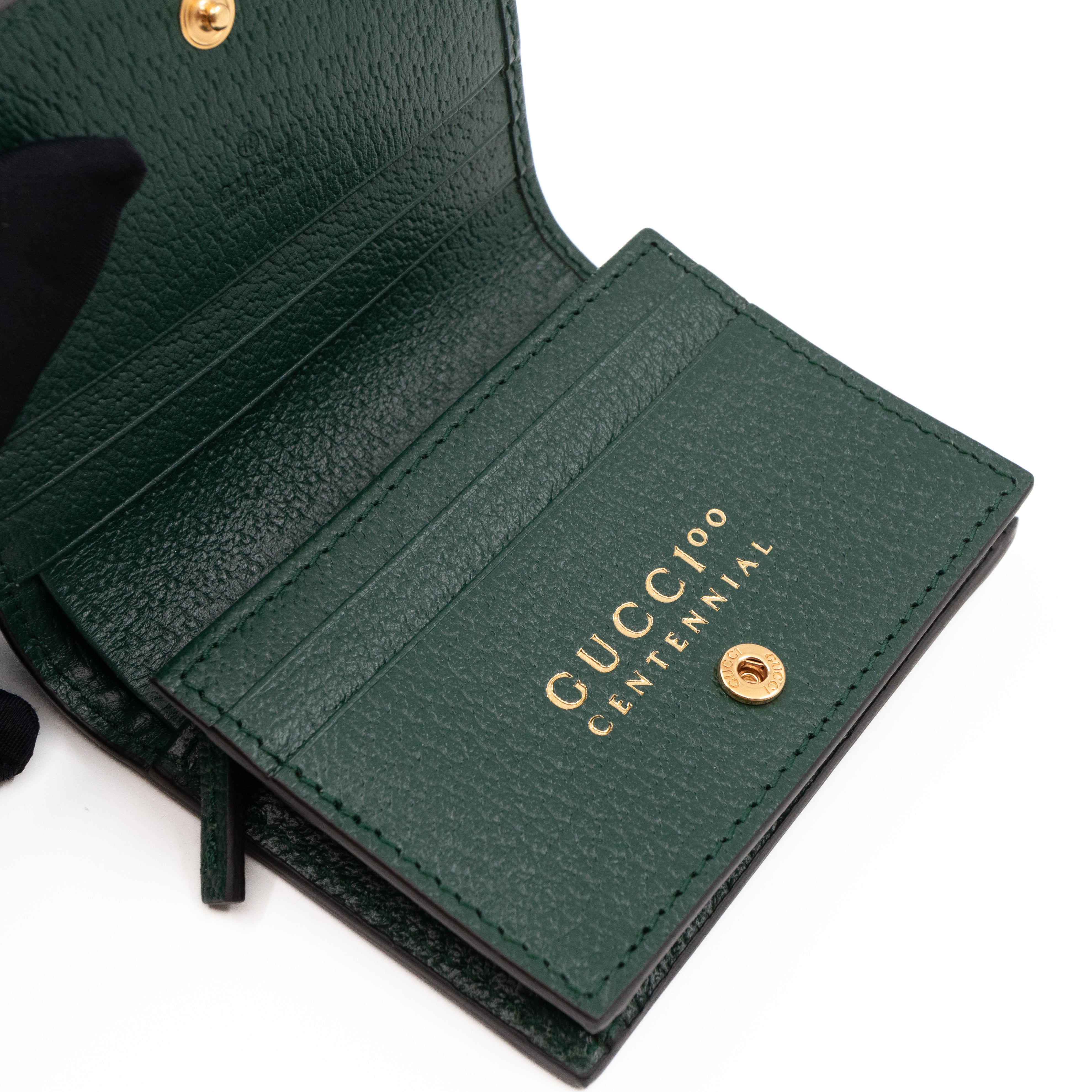 Gucci 100 Card Case Green Leather Beige Jacquard