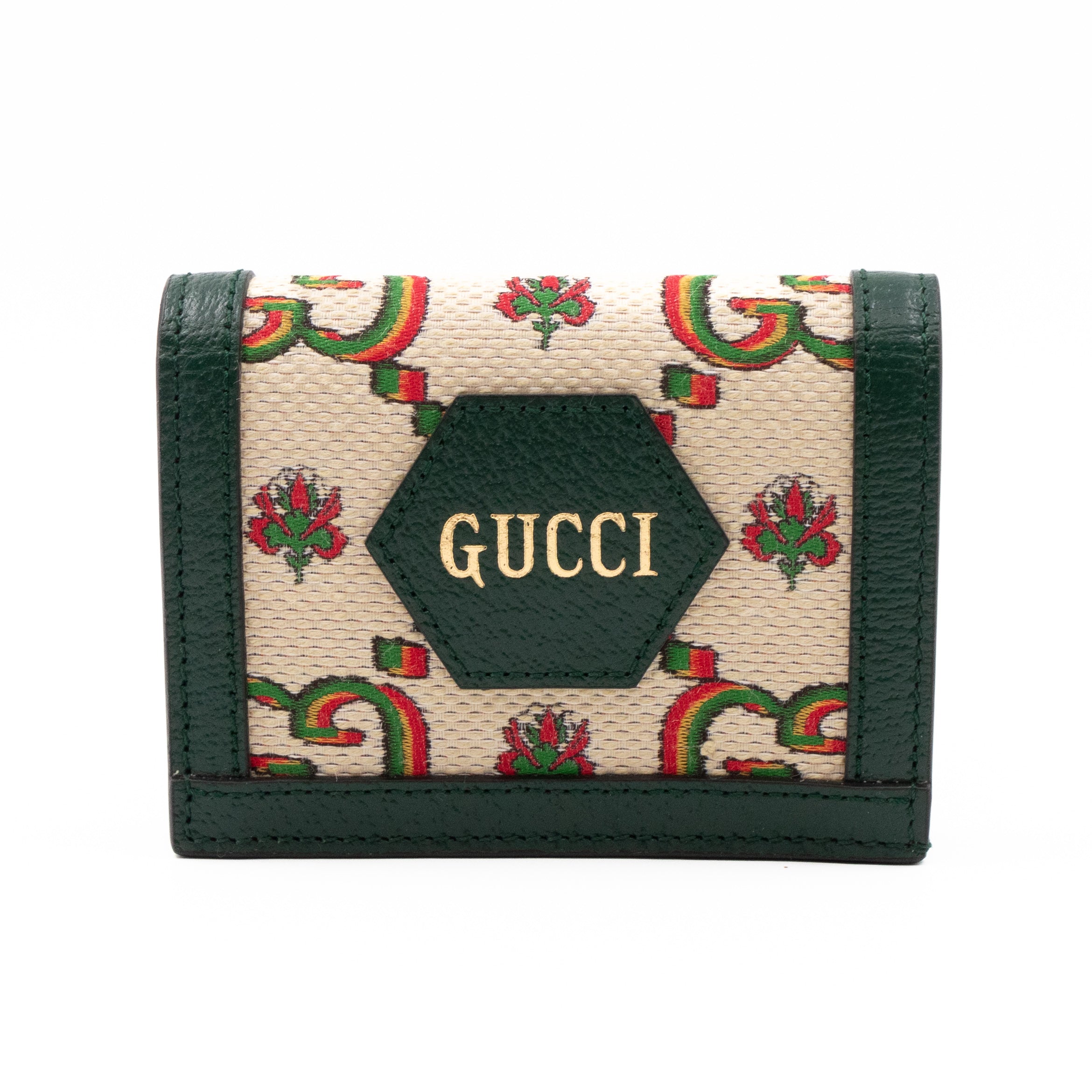 Gucci 100 Card Case Green Leather Beige Jacquard