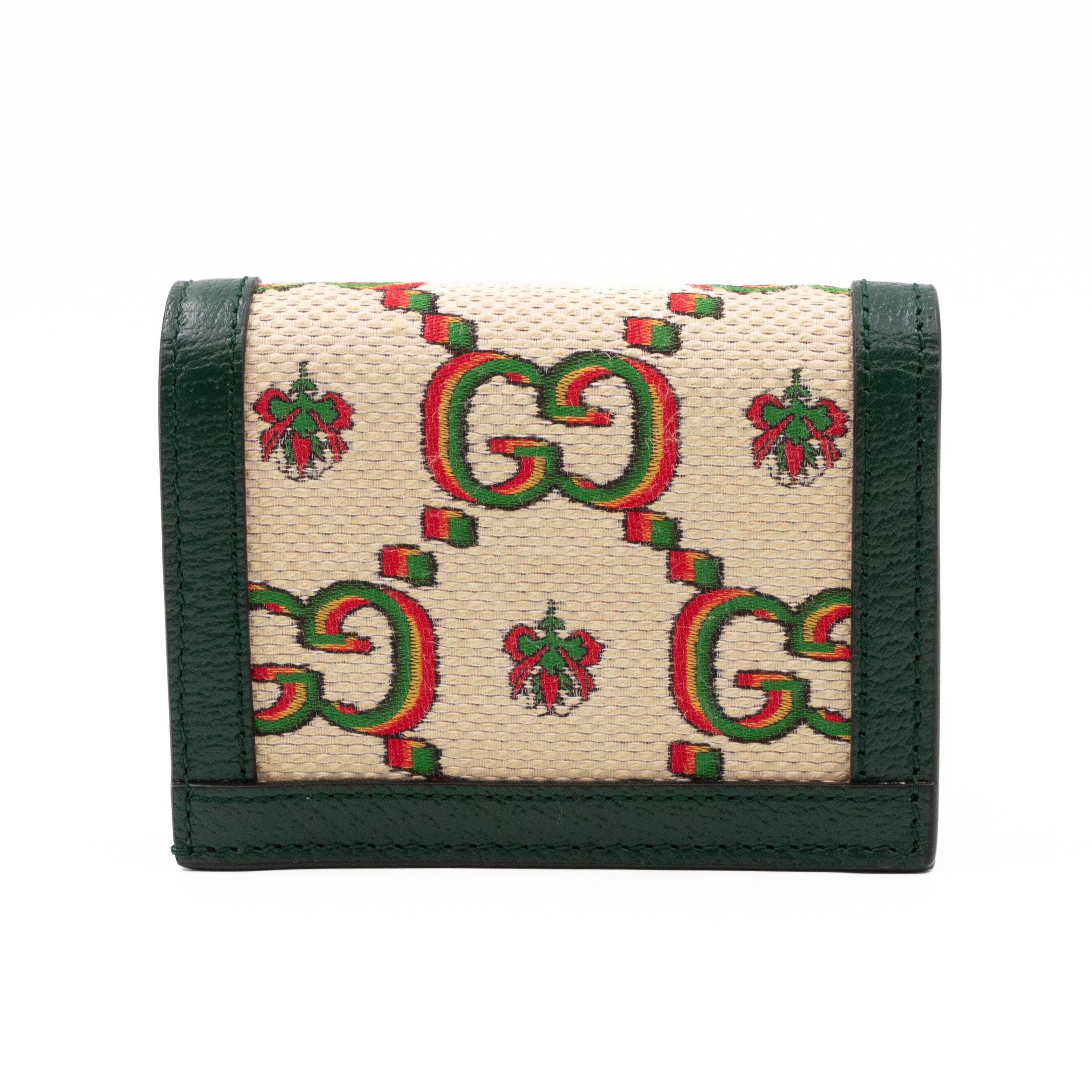 Gucci 100 Card Case Green Leather Beige Jacquard
