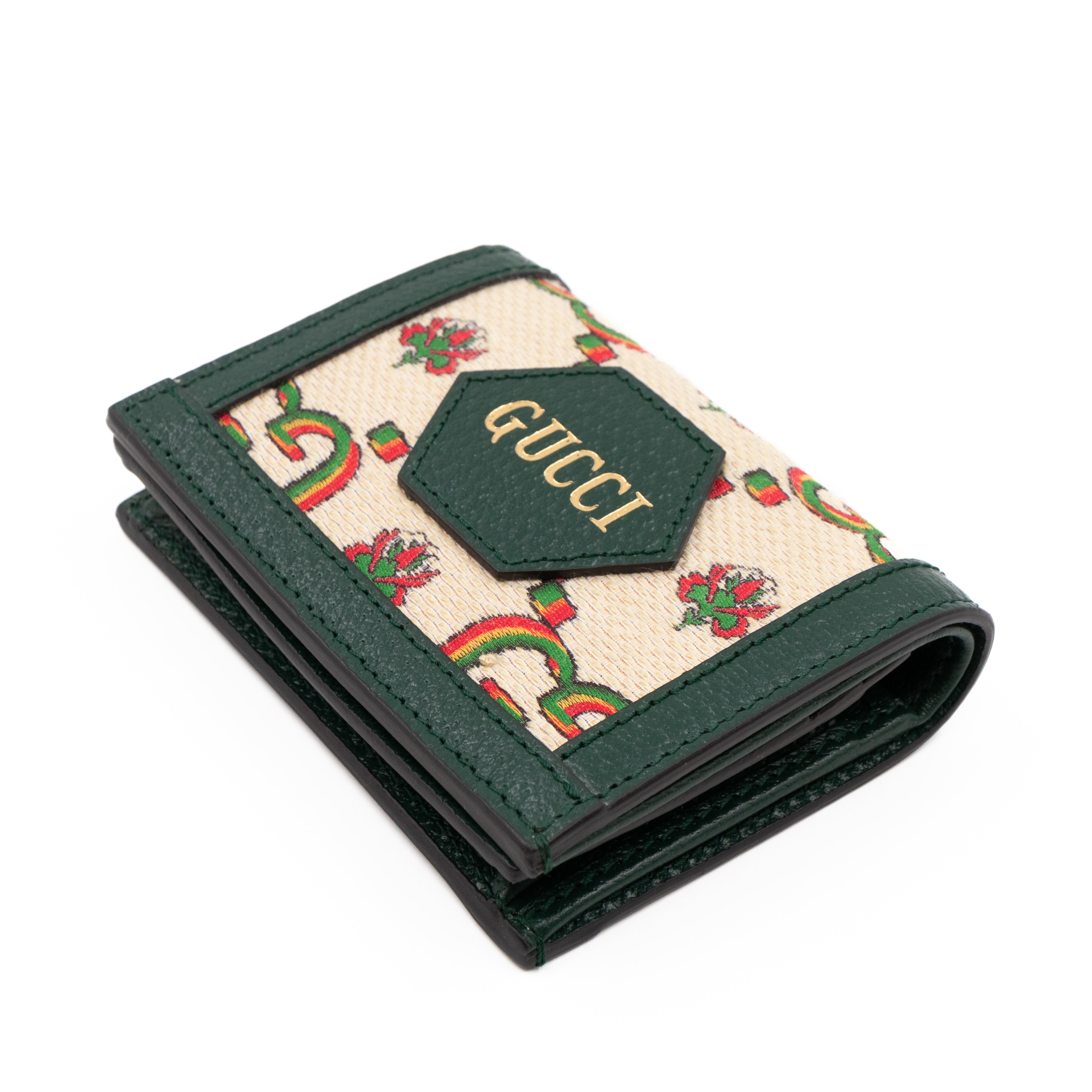Gucci 100 Card Case Green Leather Beige Jacquard