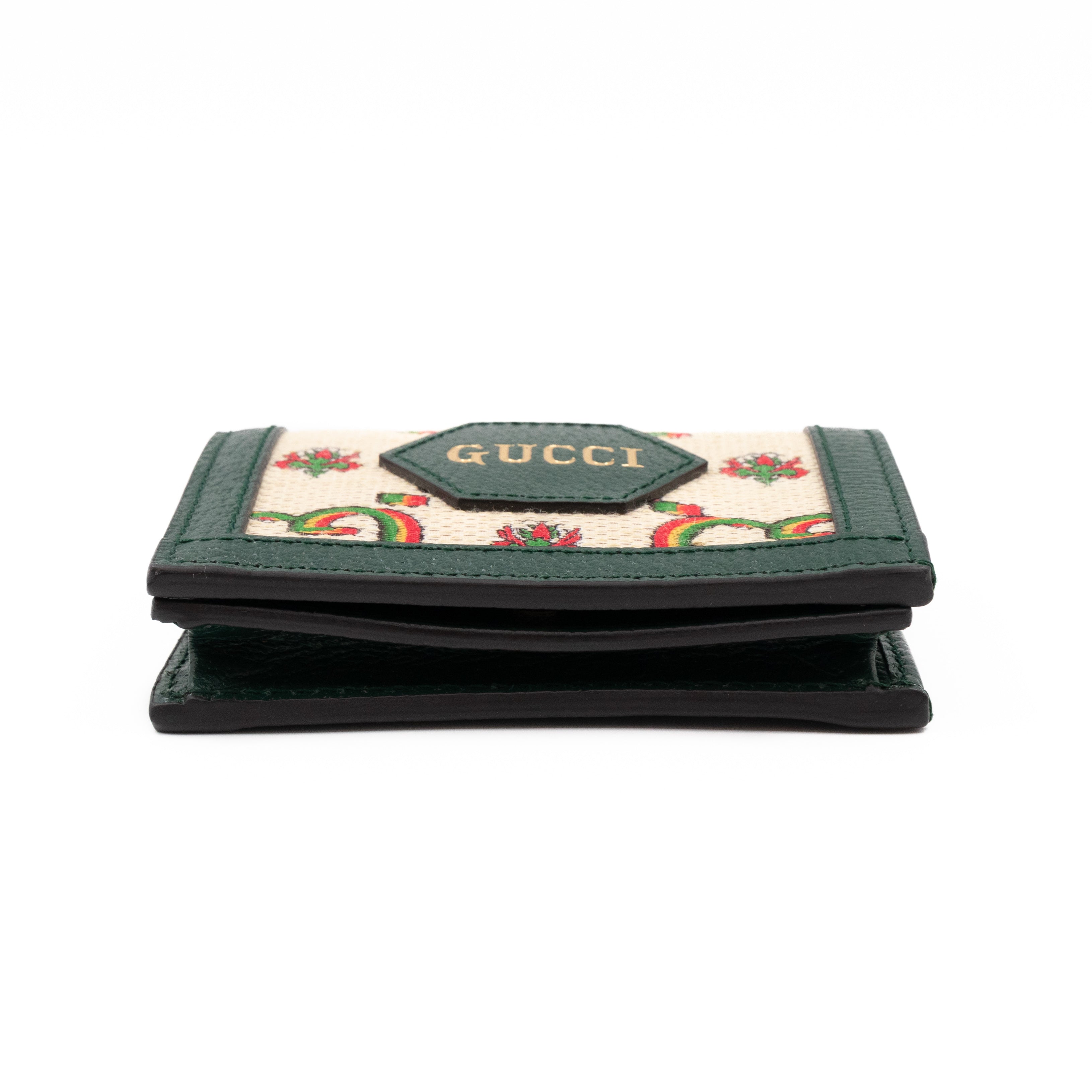 Gucci 100 Card Case Green Leather Beige Jacquard