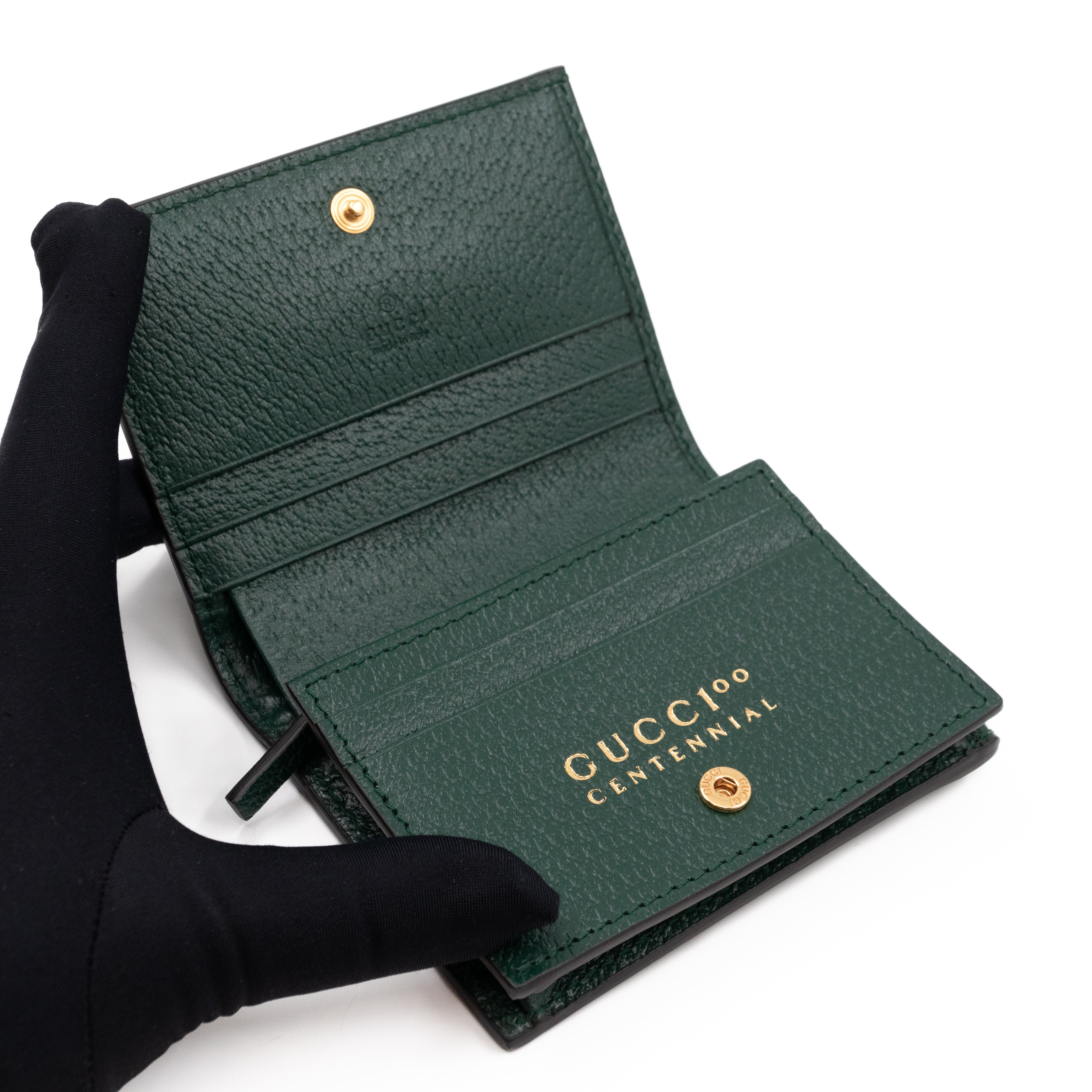 Gucci 100 Card Case Green Leather Beige Jacquard