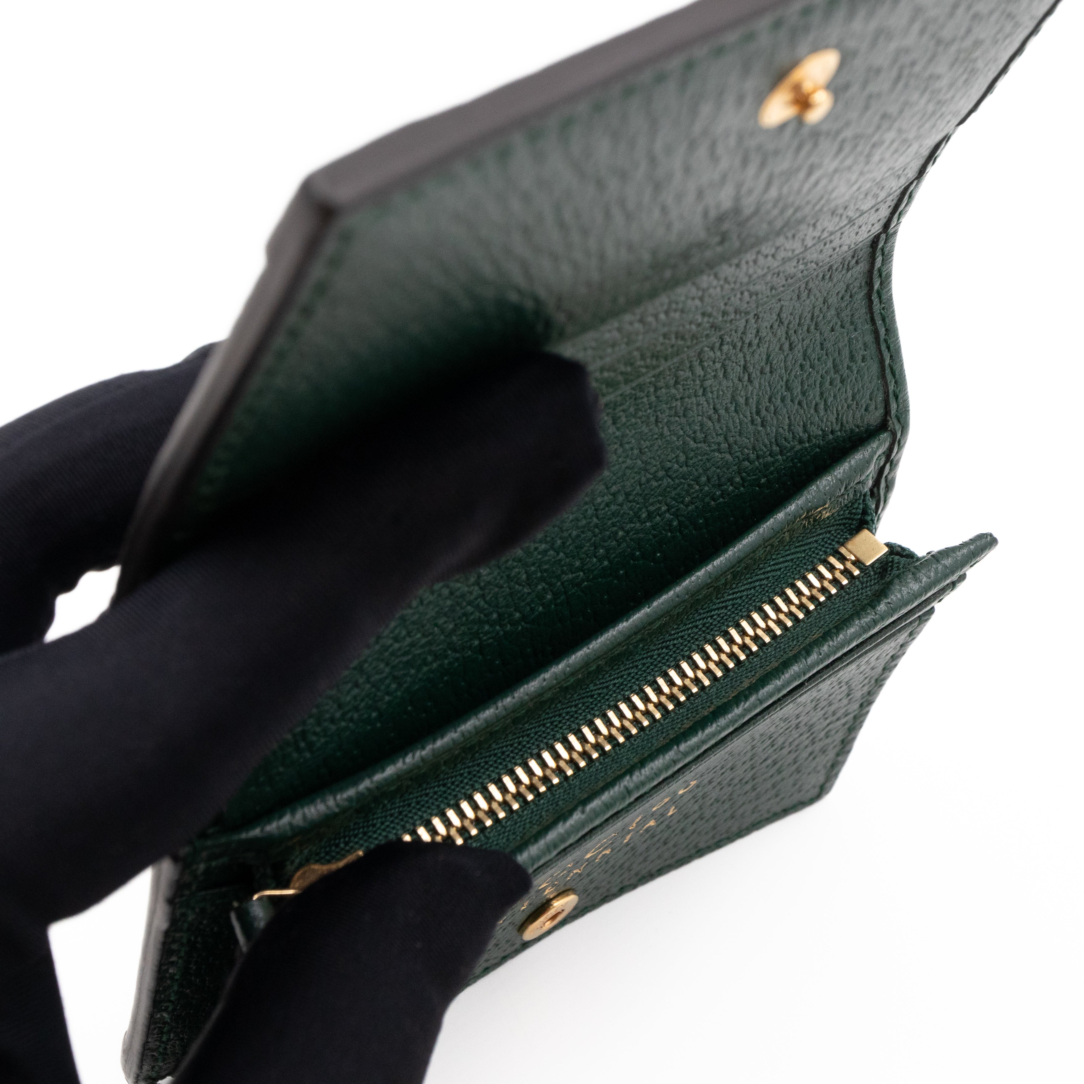 Gucci 100 Card Case Green Leather Beige Jacquard