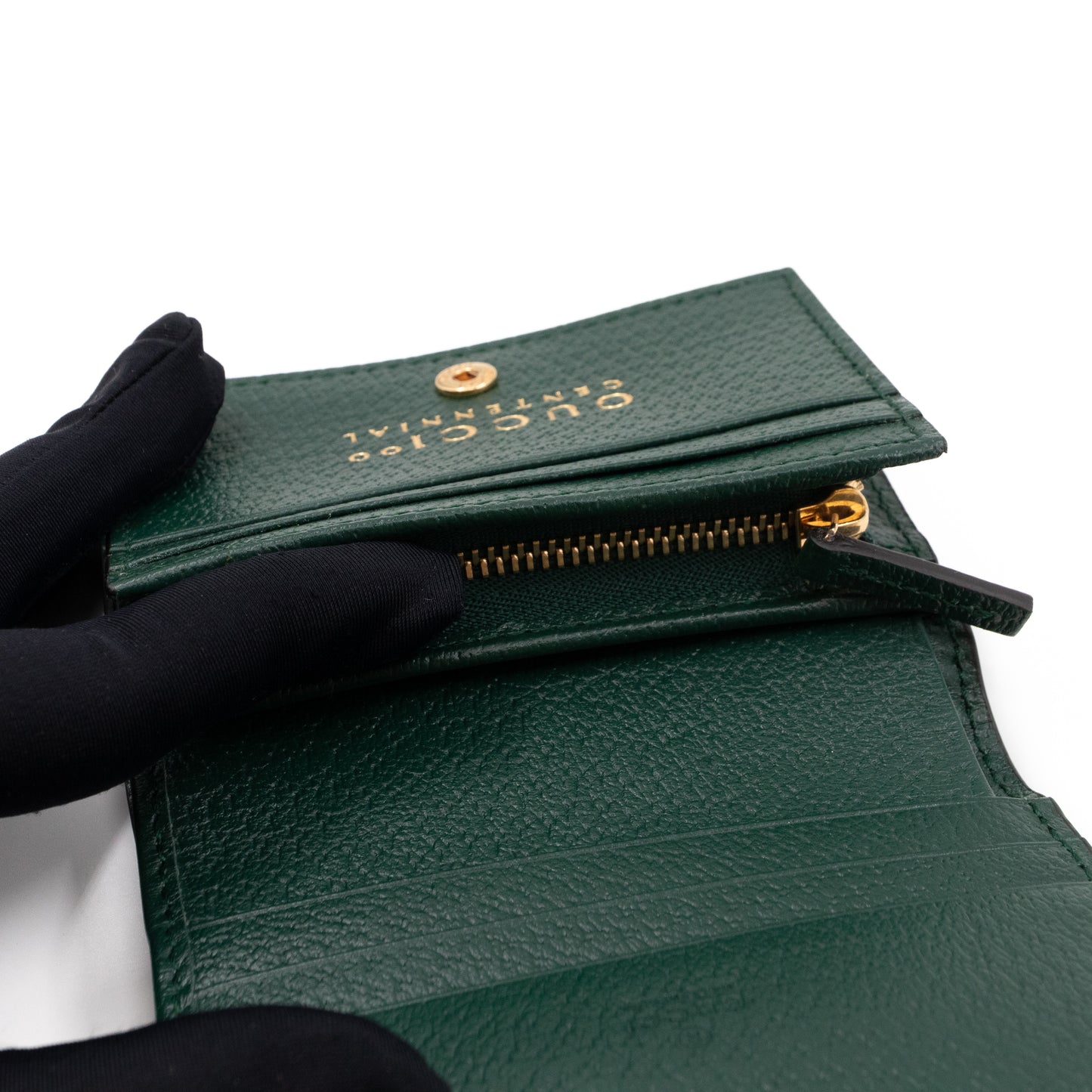 Gucci 100 Card Case Green Leather Beige Jacquard