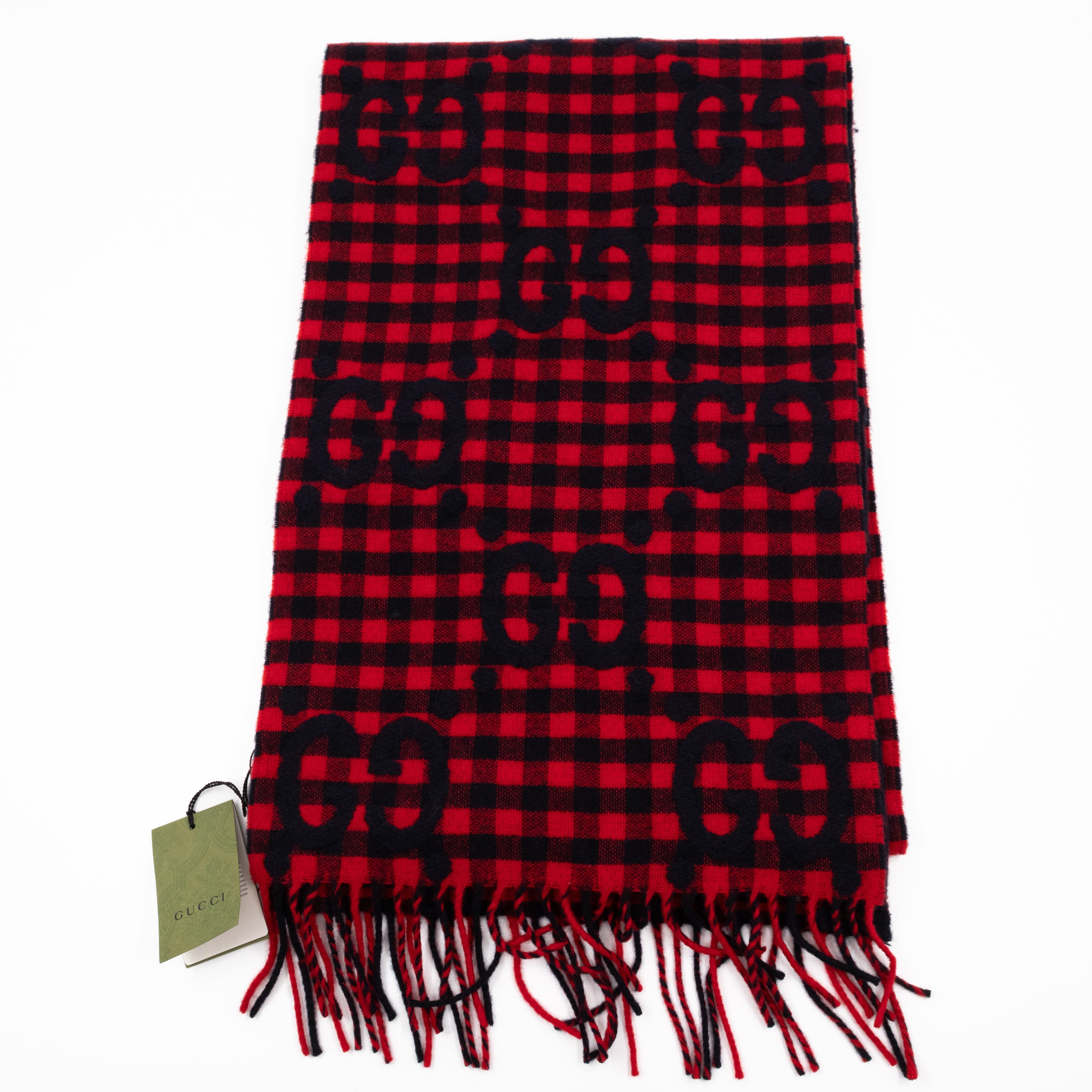 GG Plaid Tartan Wool Scarf Stole Red & Dark Blue