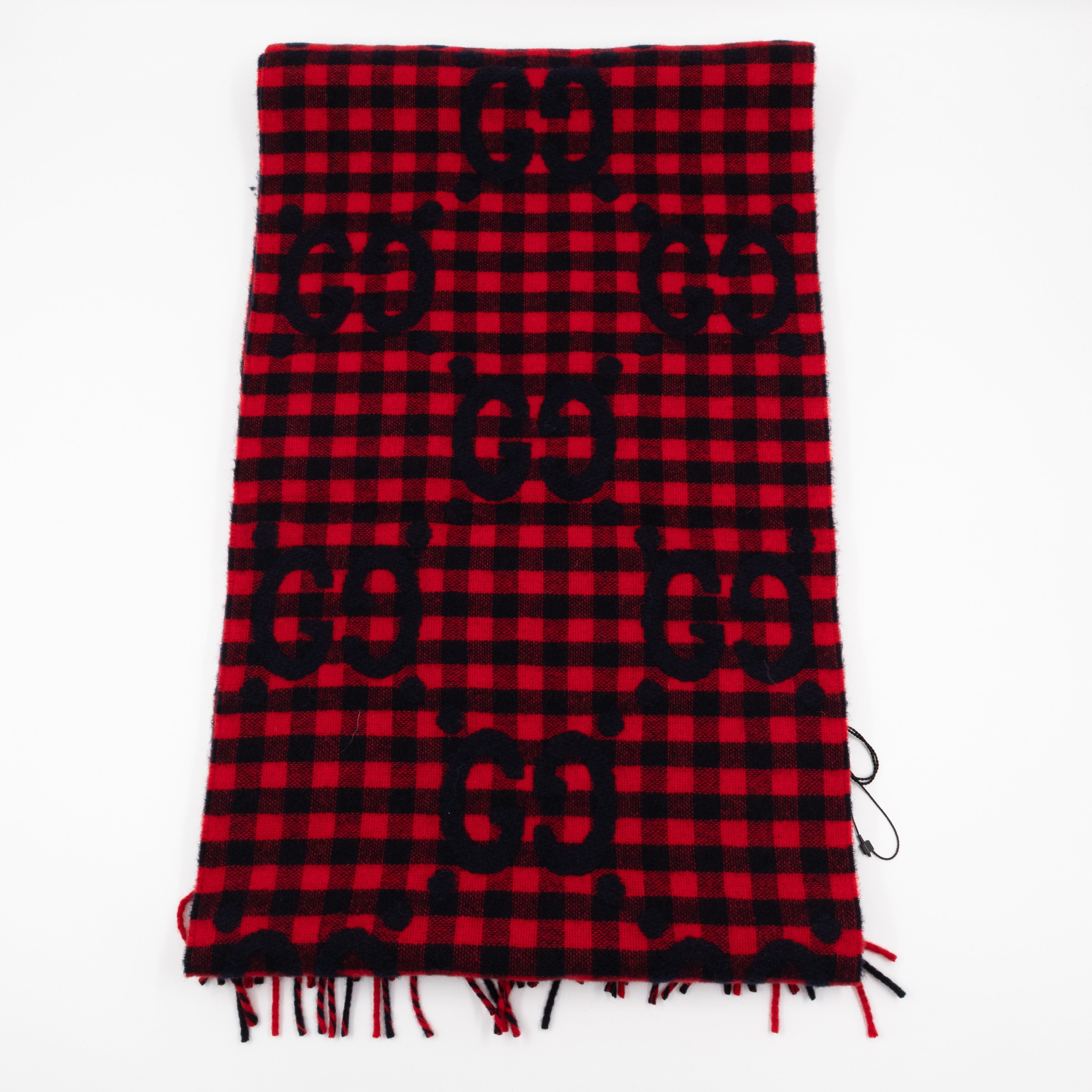 GG Plaid Tartan Wool Scarf Stole Red & Dark Blue