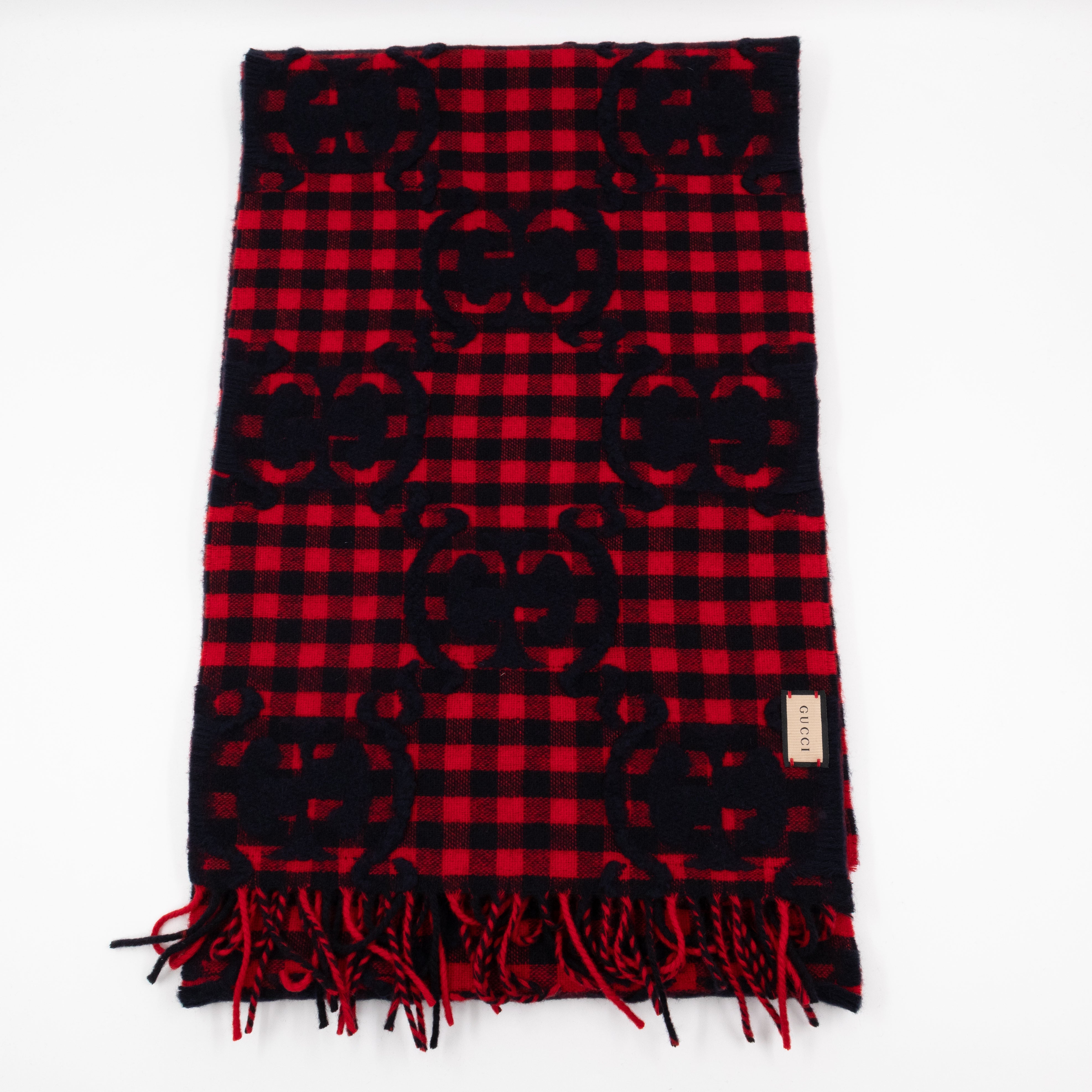 GG Plaid Tartan Wool Scarf Stole Red & Dark Blue