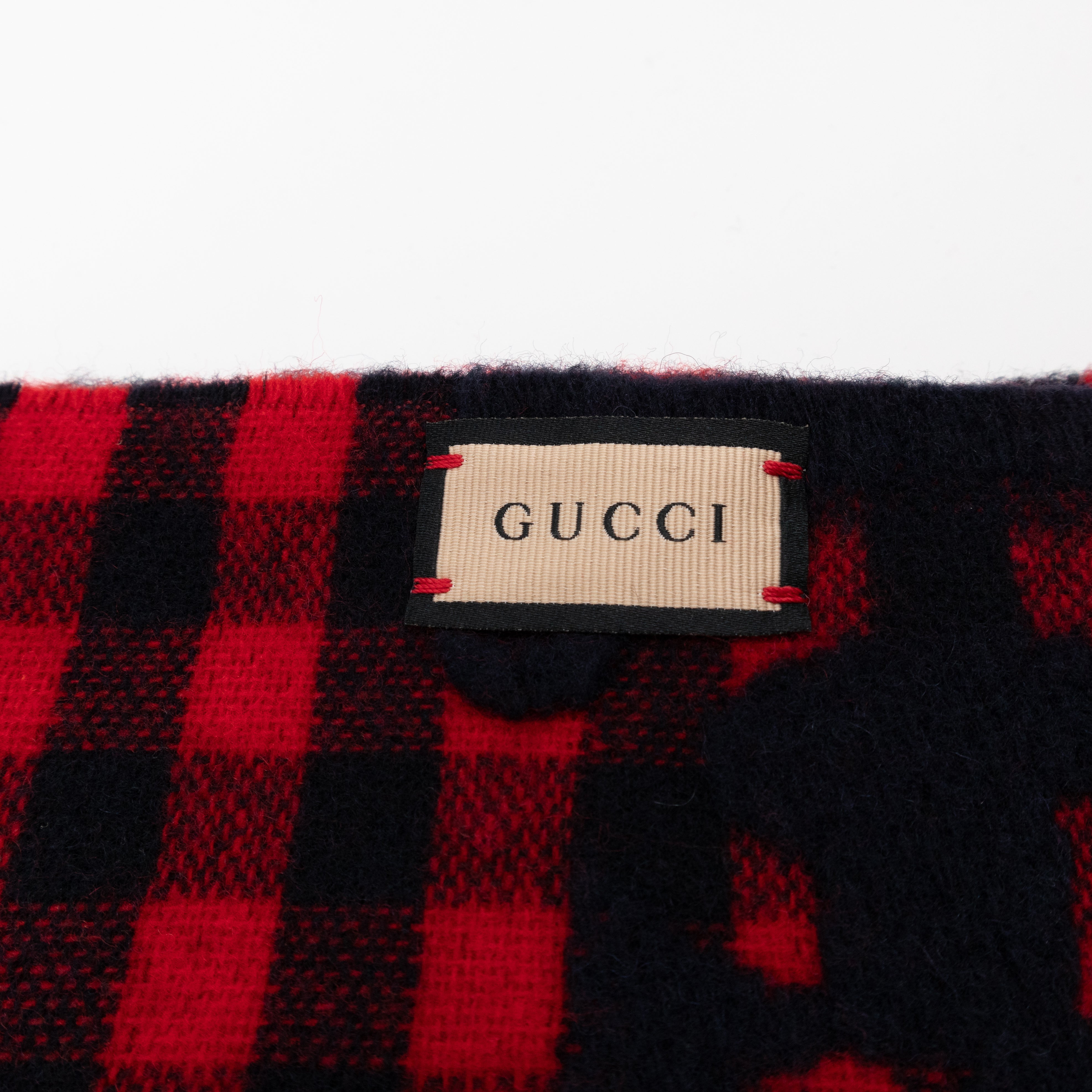 GG Plaid Tartan Wool Scarf Stole Red & Dark Blue