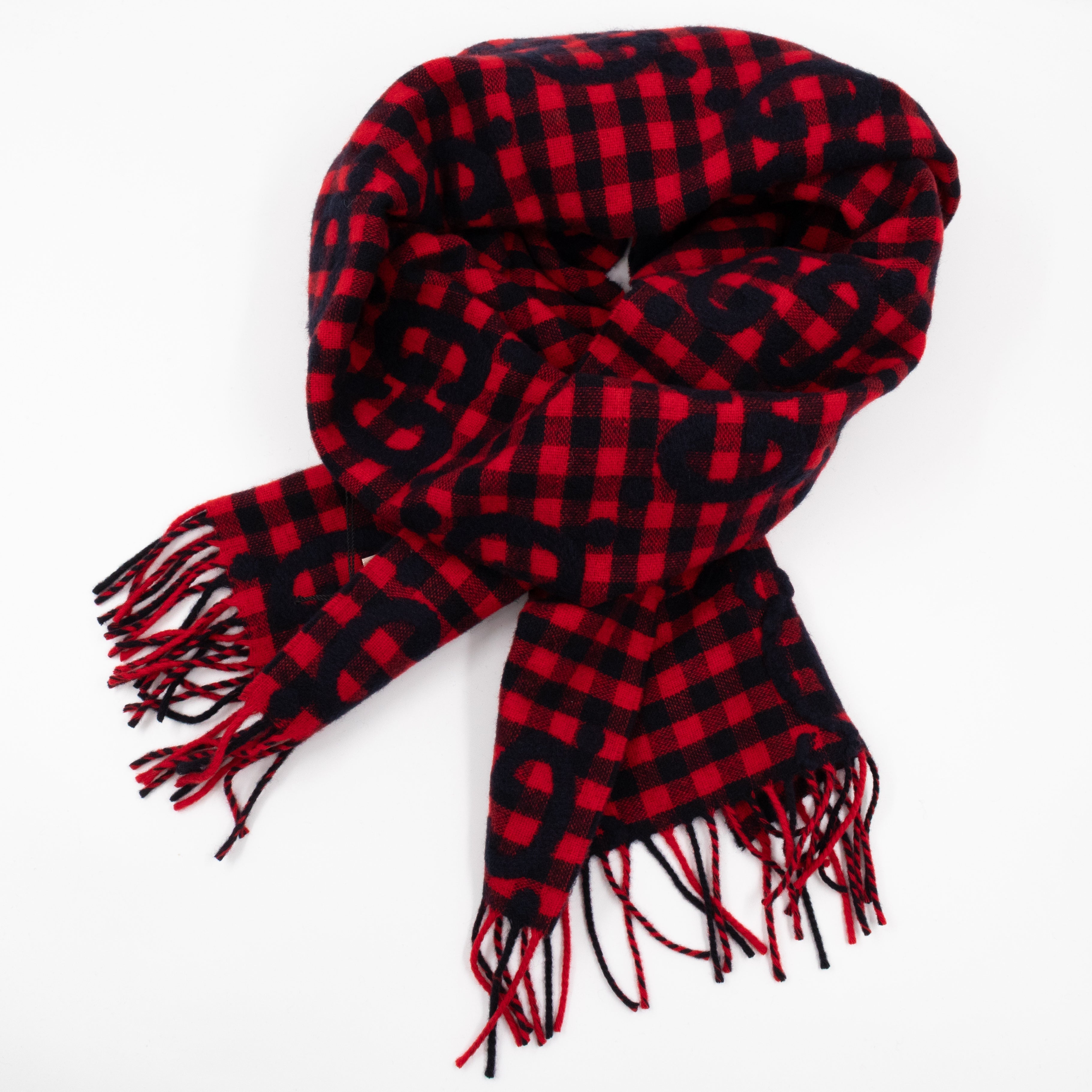 GG Plaid Tartan Wool Scarf Stole Red & Dark Blue
