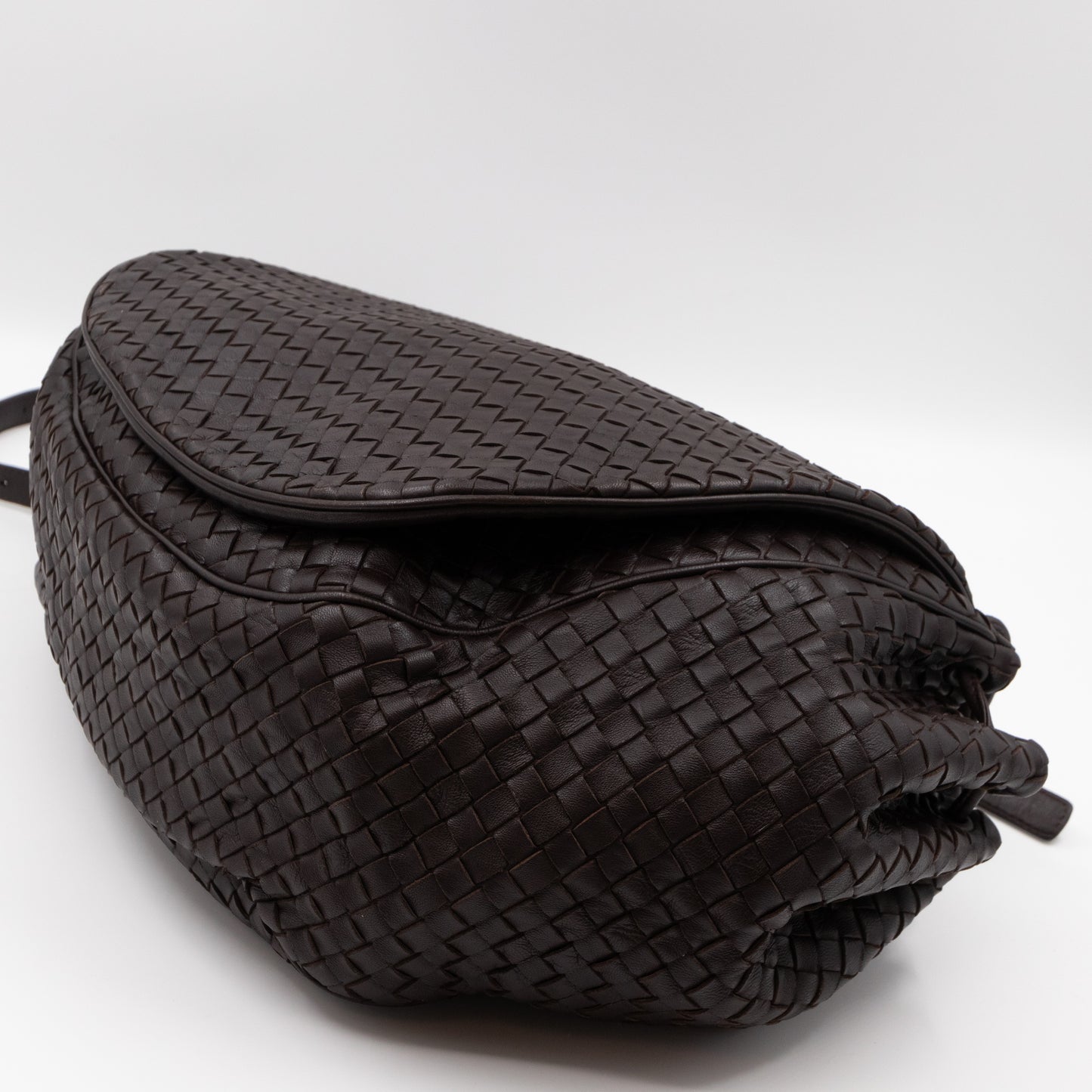 Large Drawstring Flap Crossbody Bag Intrecciato Dark Brown Leather
