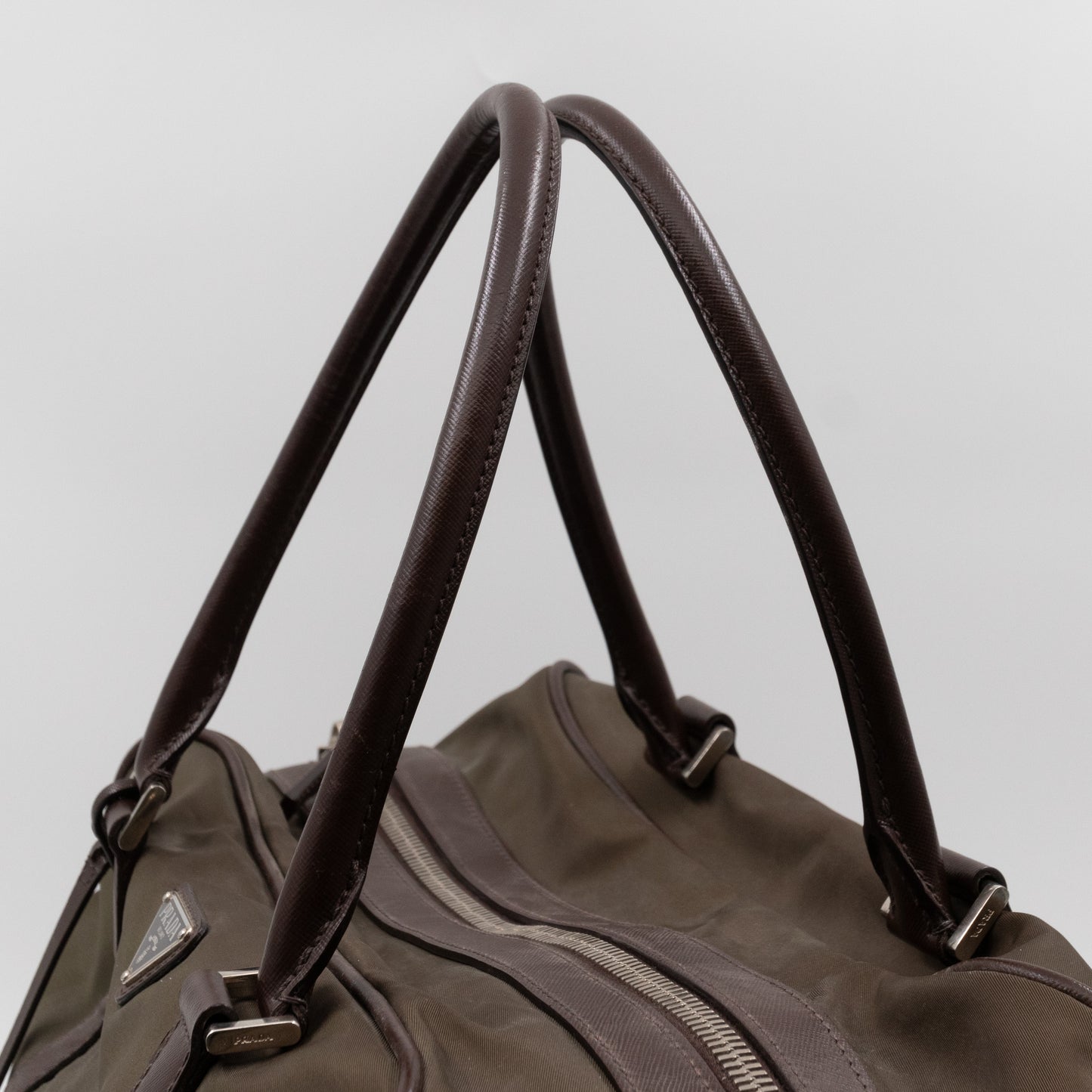 Duffle Green Nylon and Brown Leather Travel Bag