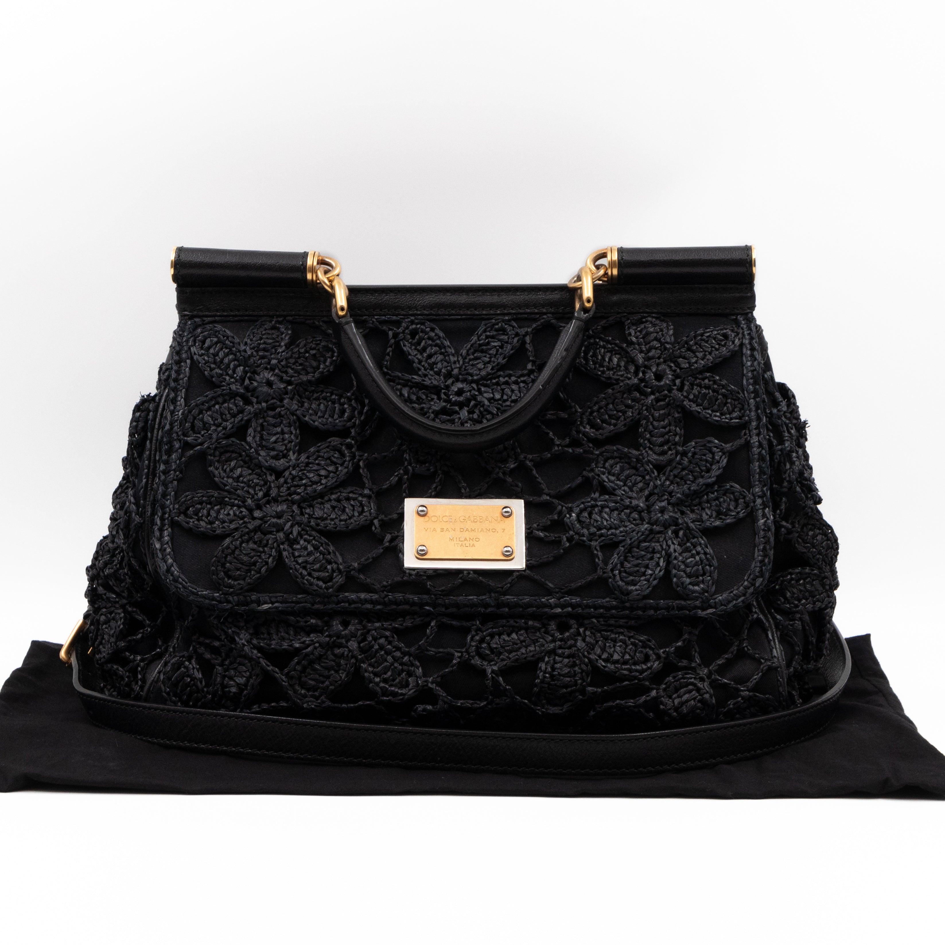 Sicily Large Floral Crocheted Lace Black Leather