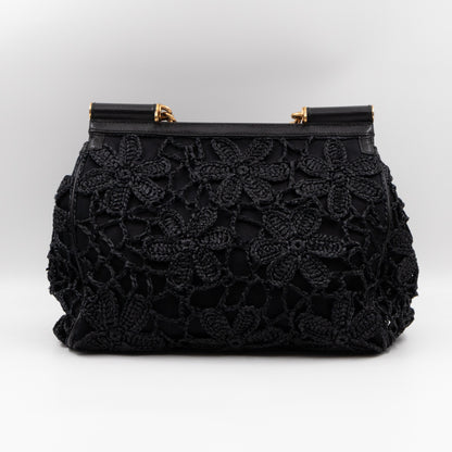 Sicily Large Floral Crocheted Lace Black Leather
