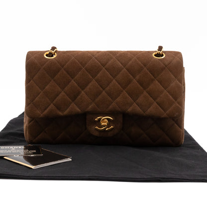 Chanel Classic Double Flap Bag Medium Brown Suede Leather Gold