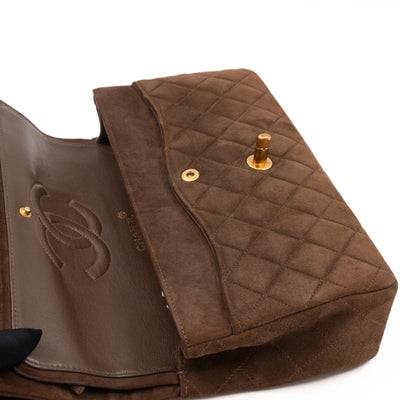Classic Double Flap Bag Medium Brown Suede Leather Gold