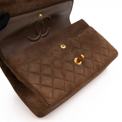 Classic Double Flap Bag Medium Brown Suede Leather Gold