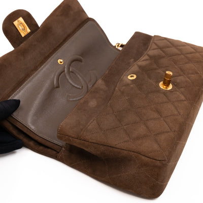 Classic Double Flap Bag Medium Brown Suede Leather Gold