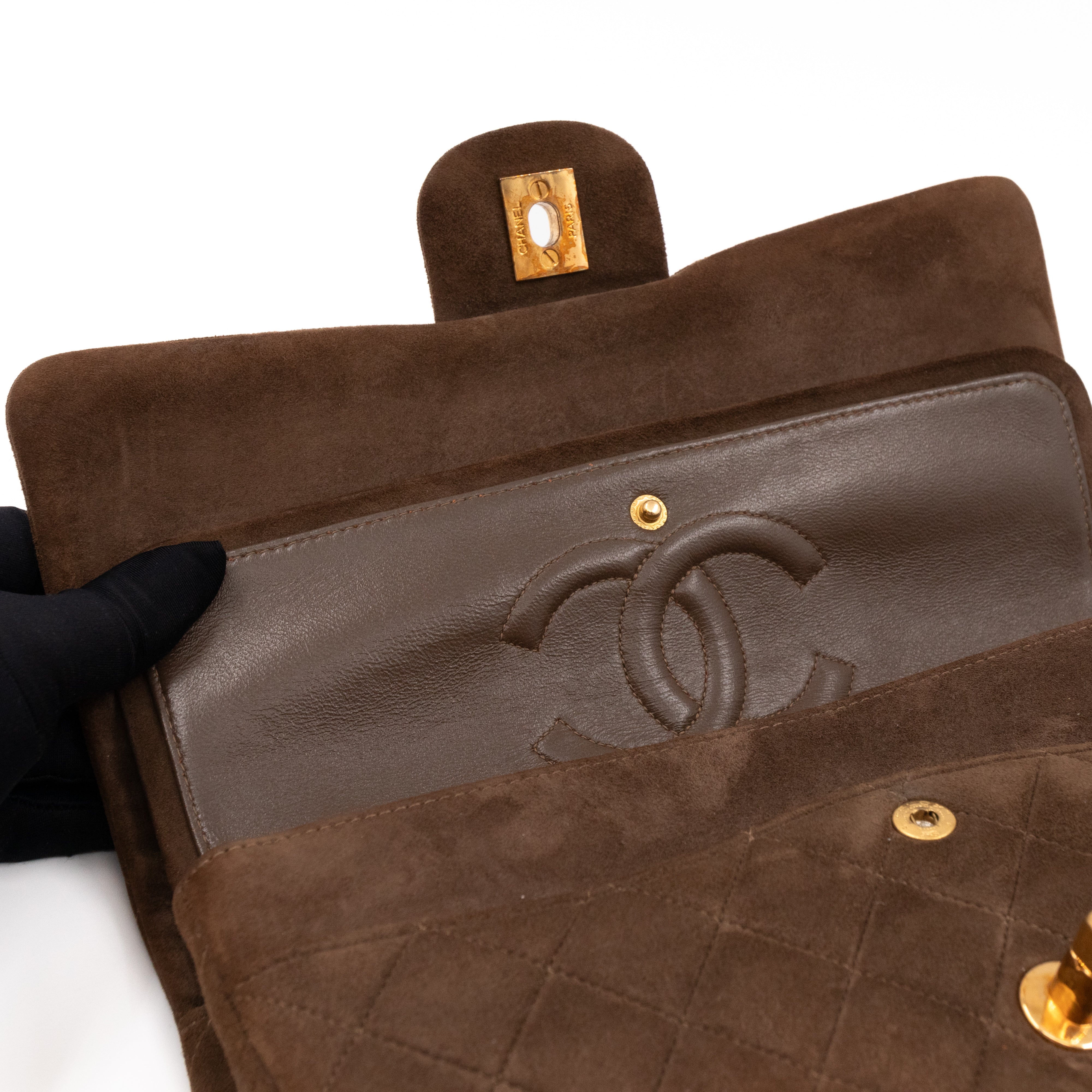 Classic Double Flap Bag Medium Brown Suede Leather Gold