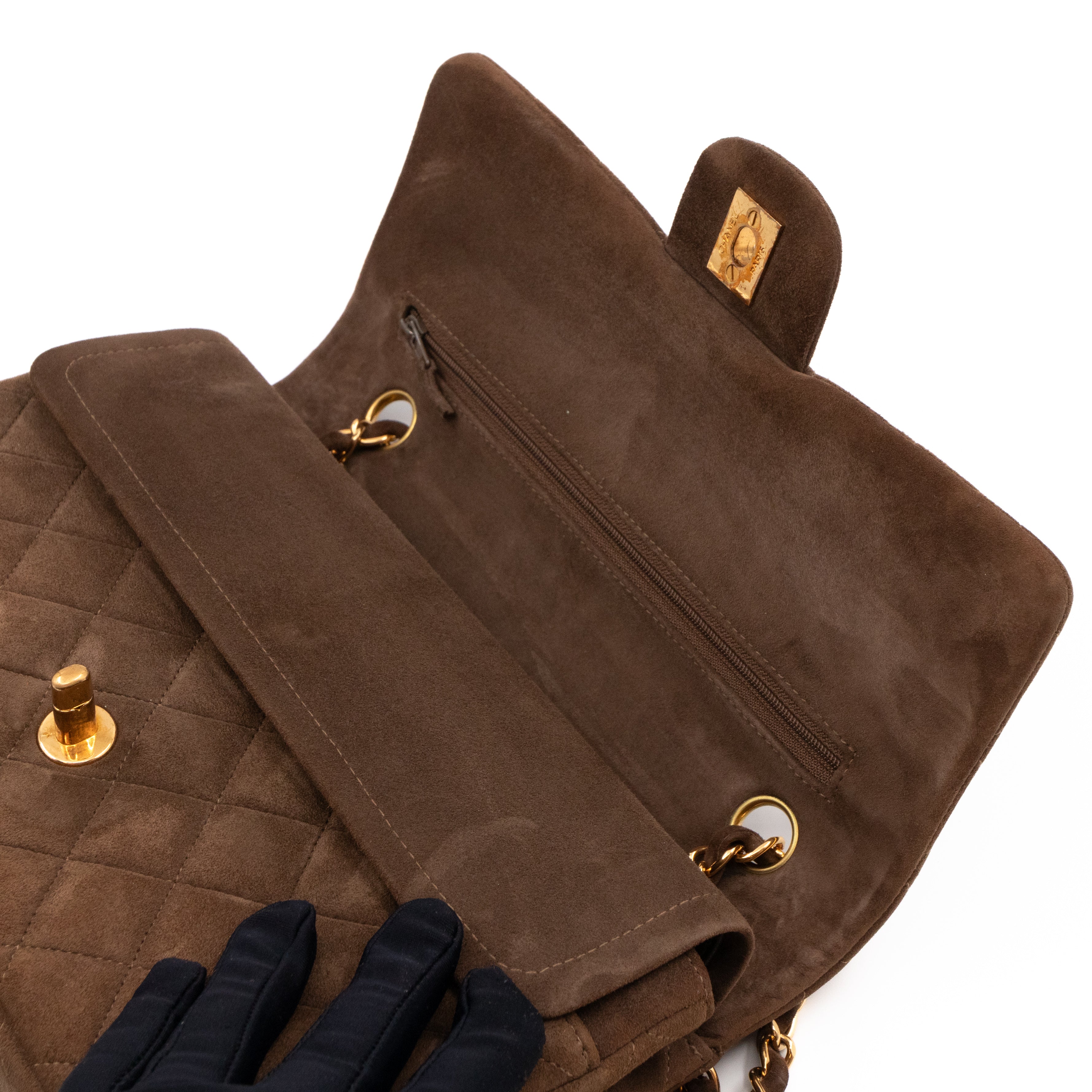 Classic Double Flap Bag Medium Brown Suede Leather Gold