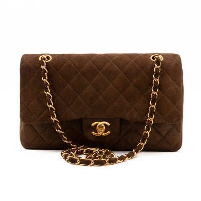 Classic Double Flap Bag Medium Brown Suede Leather Gold