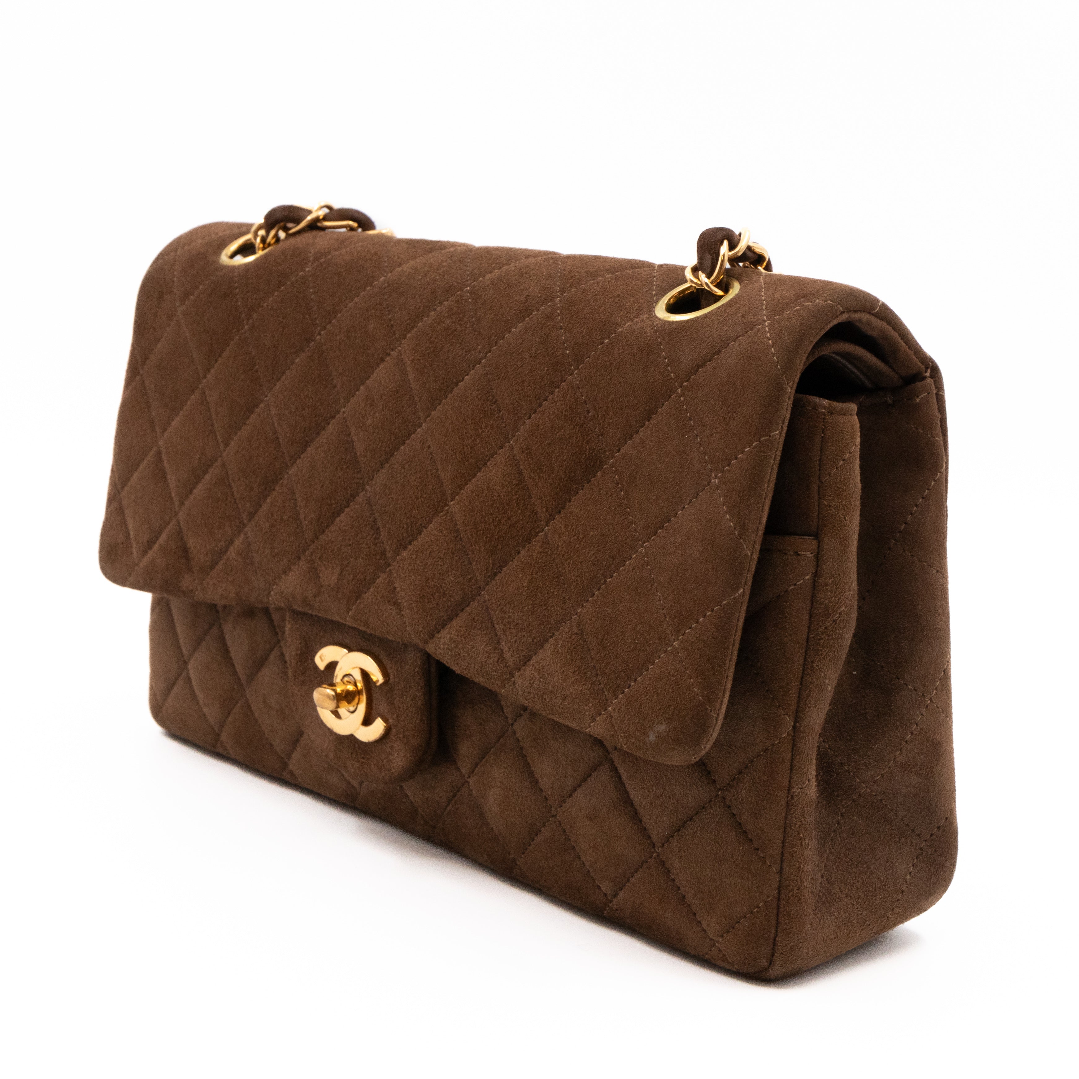 Classic Double Flap Bag Medium Brown Suede Leather Gold
