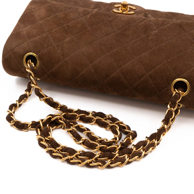 Classic Double Flap Bag Medium Brown Suede Leather Gold
