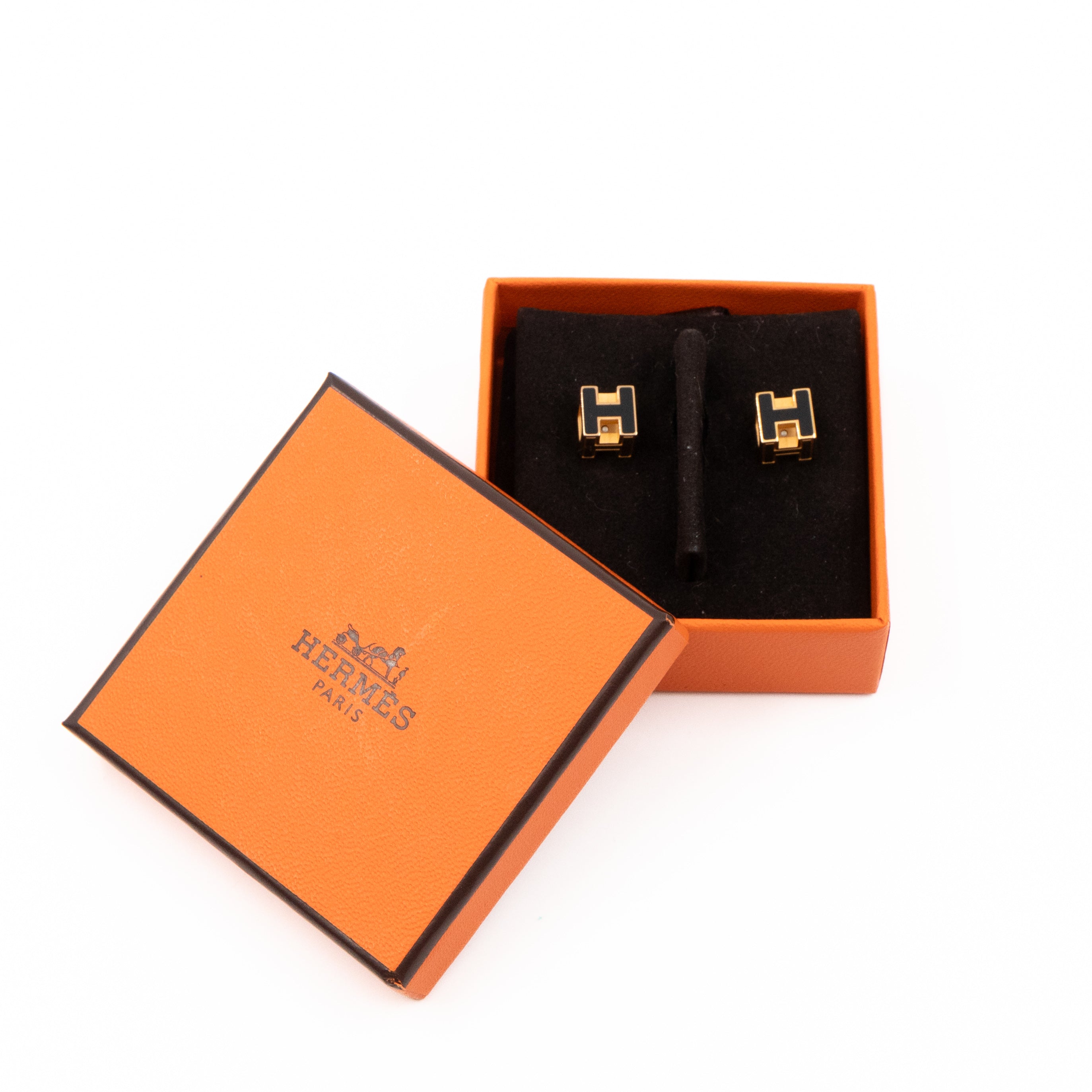 Hermès – Hermes Cage d'H Earrings Black Gold – Queen Station