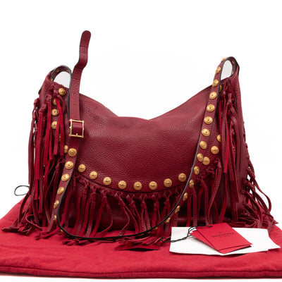 C-Rockee Studded Fringe Hobo Red Leather