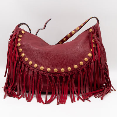 C-Rockee Studded Fringe Hobo Red Leather