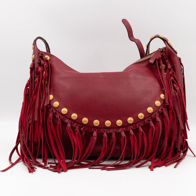 C-Rockee Studded Fringe Hobo Red Leather